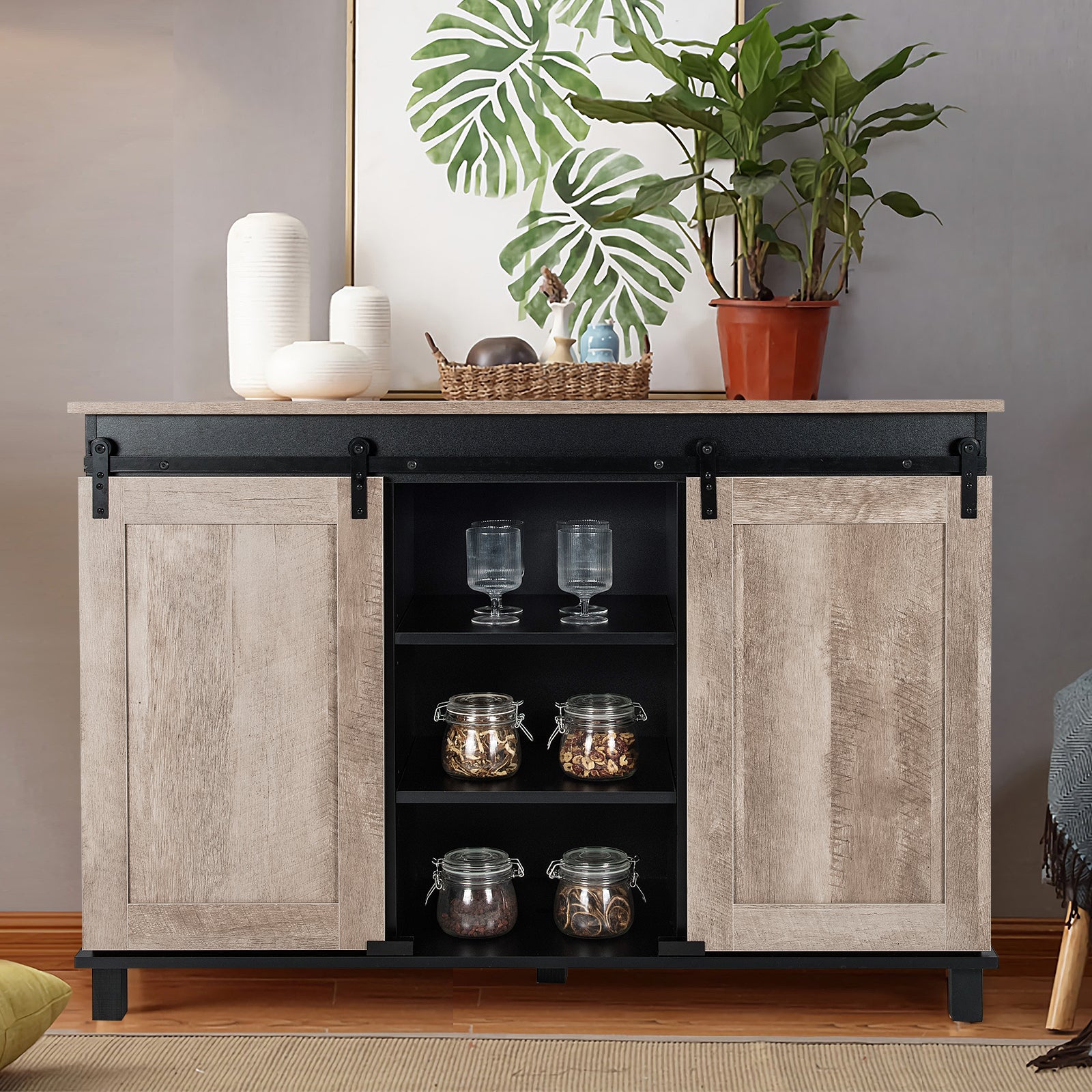 Kitchen Buffet Sideboard with 2 Sliding Barn Doors for Dining Living Room-Oak