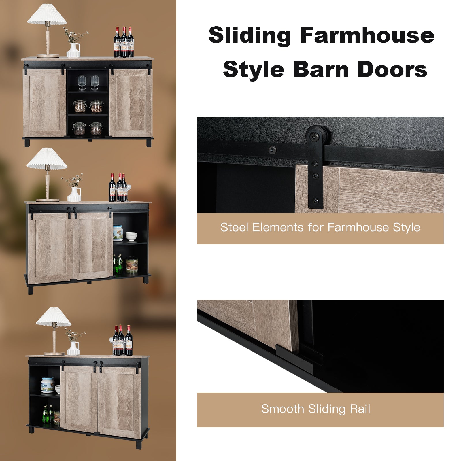 Kitchen Buffet Sideboard with 2 Sliding Barn Doors for Dining Living Room-Oak