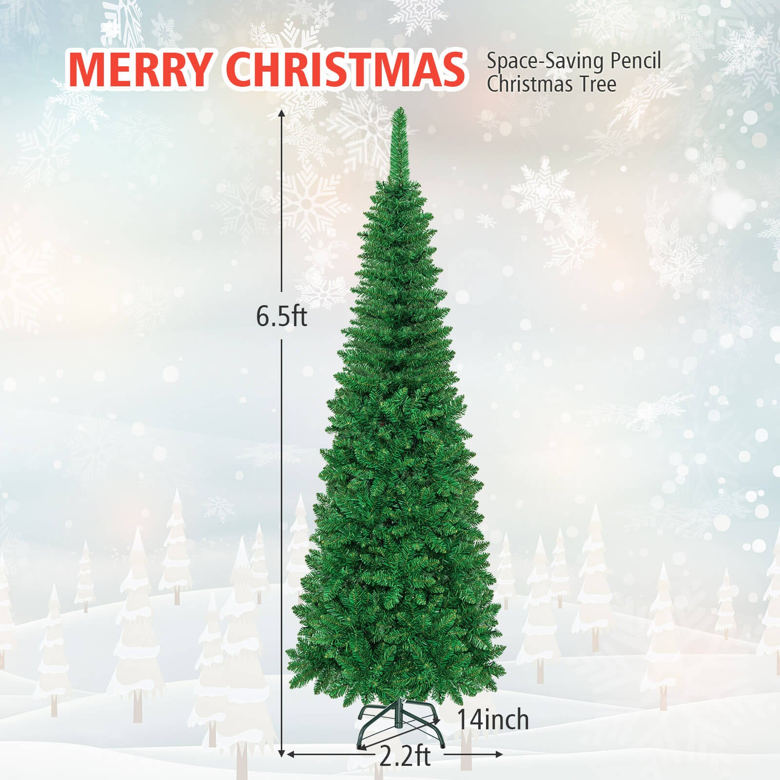 6.5' / 7.5' Pre-Lit Hinged Artificial Pencil Christmas Tree-6.5 ftÂ
