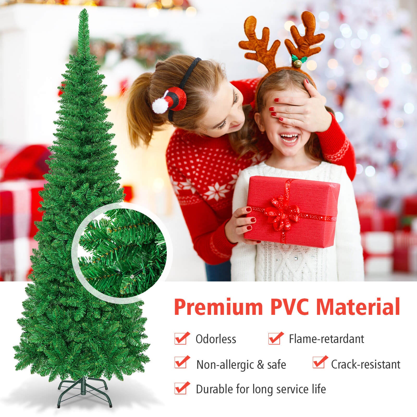 6.5' / 7.5' Pre-Lit Hinged Artificial Pencil Christmas Tree-6.5 ftÂ