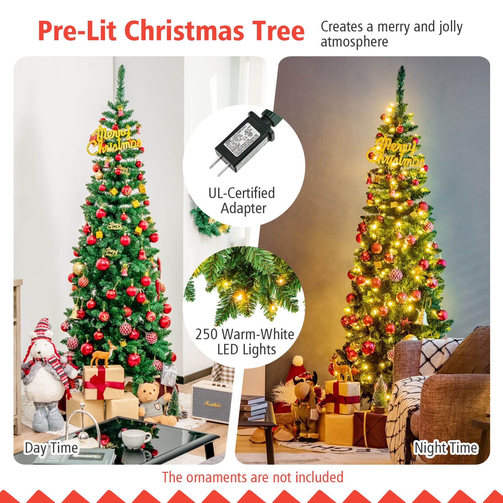 6.5' / 7.5' Pre-Lit Hinged Artificial Pencil Christmas Tree-6.5 ftÂ