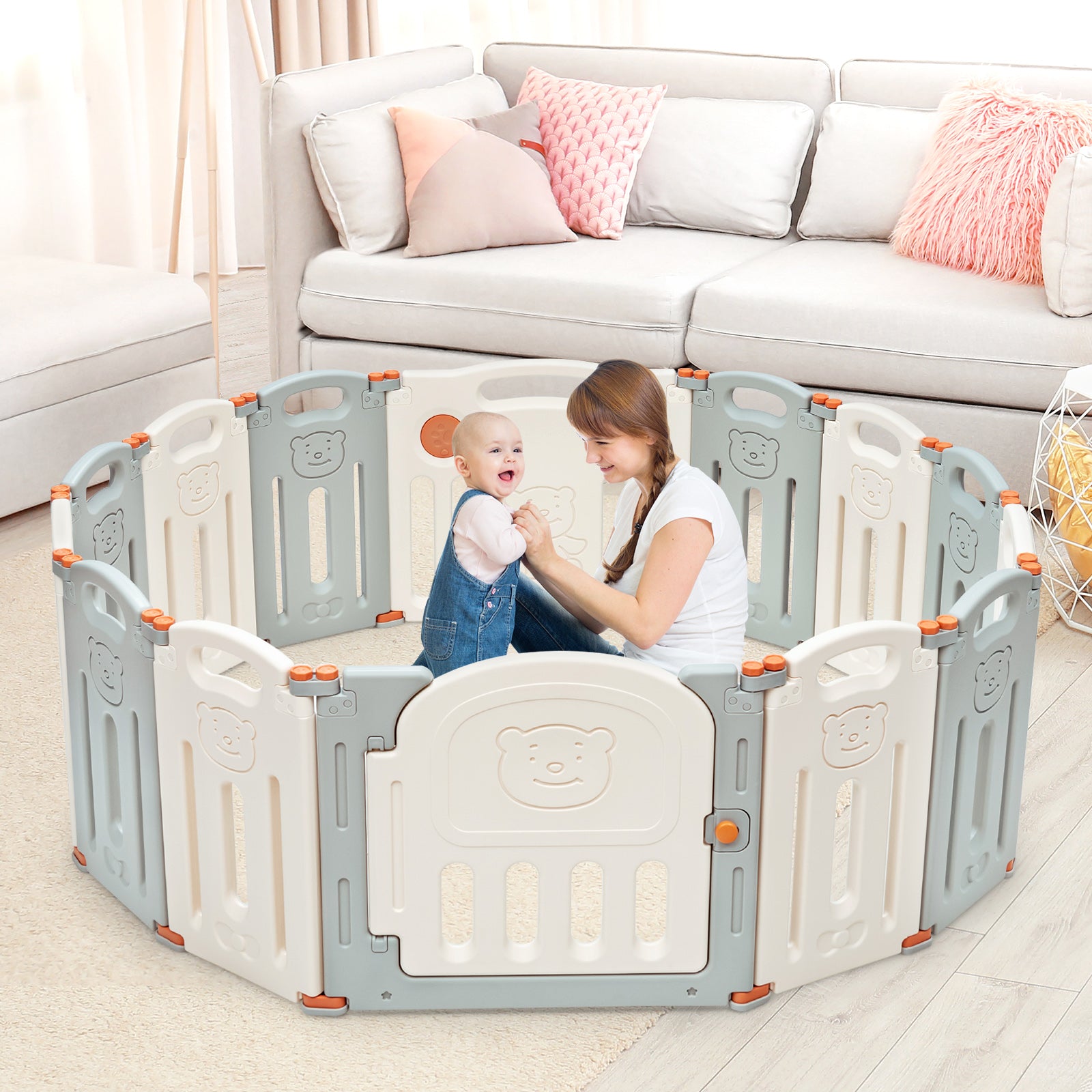 Foldable Baby Playpen 14 Panel Activity Center Safety Play Yard-BeigeÂ
