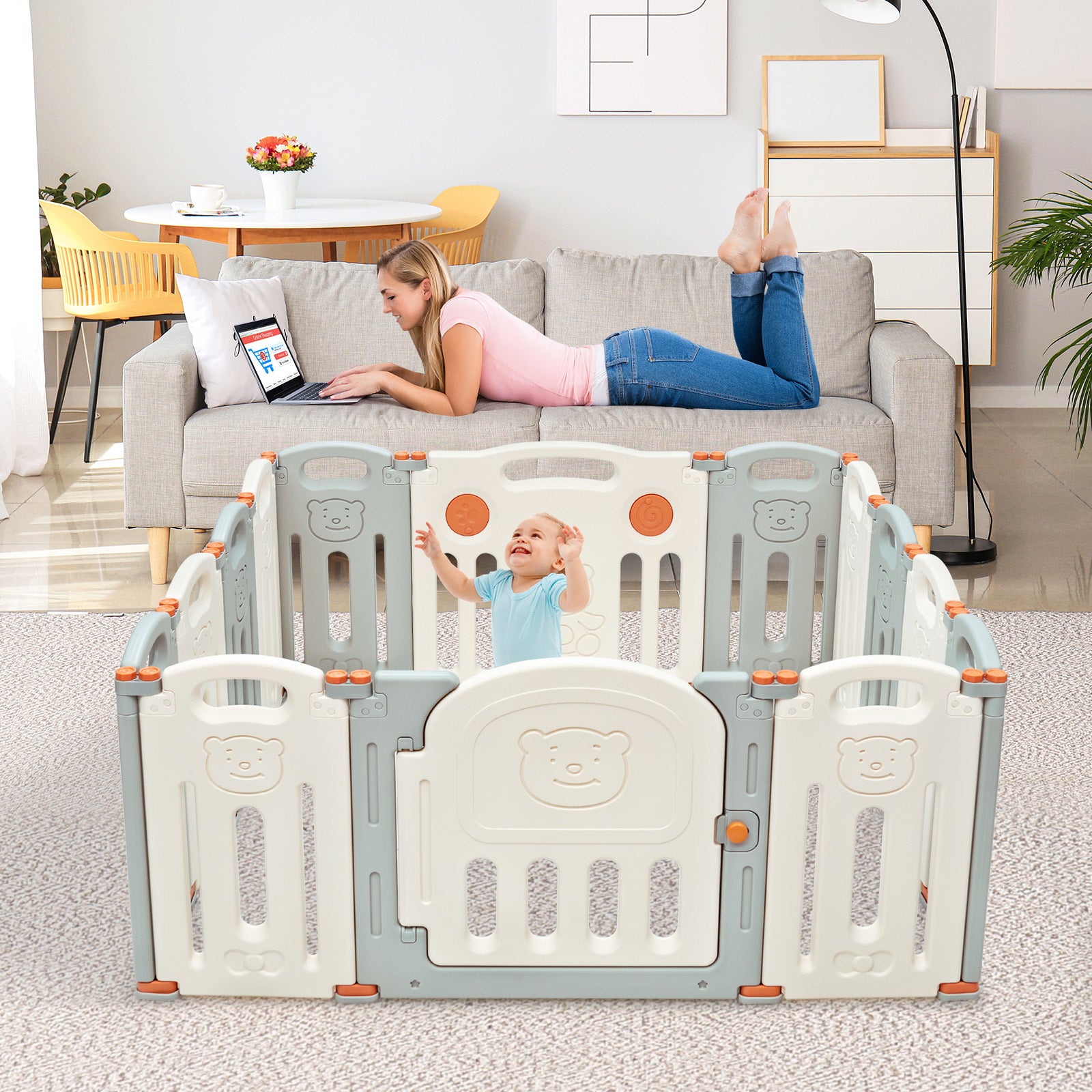 Foldable Baby Playpen 14 Panel Activity Center Safety Play Yard-BeigeÂ