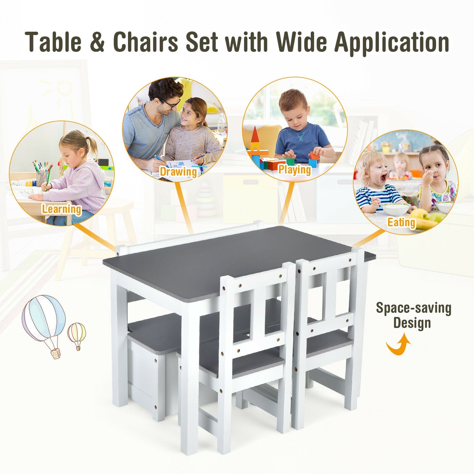 4 Pieces Kids Wooden Activity Table and Chairs Set with Storage Bench and Study Desk-Gray