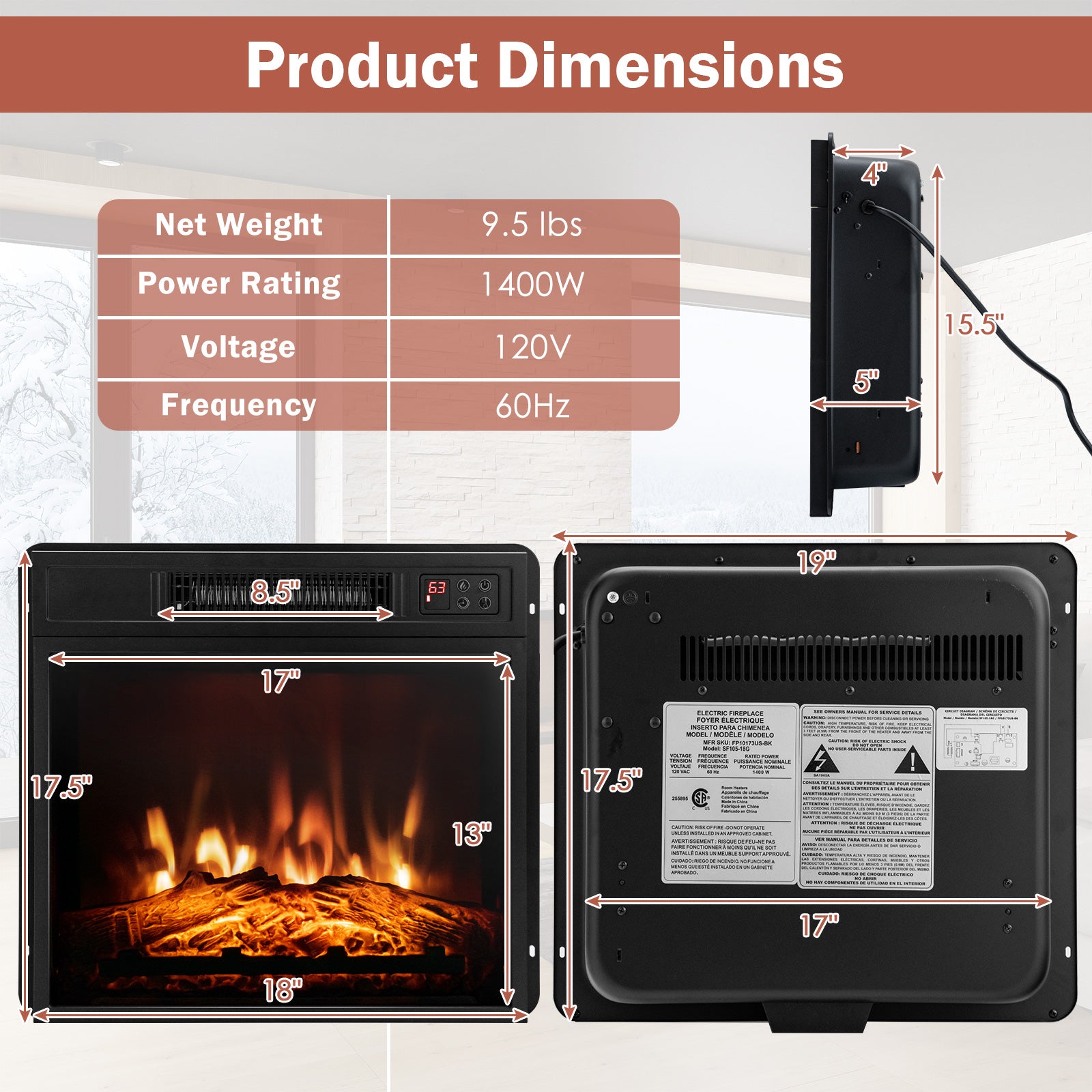 18 Inch Electric Fireplace Inserted with Adjustable LED FlameÂ