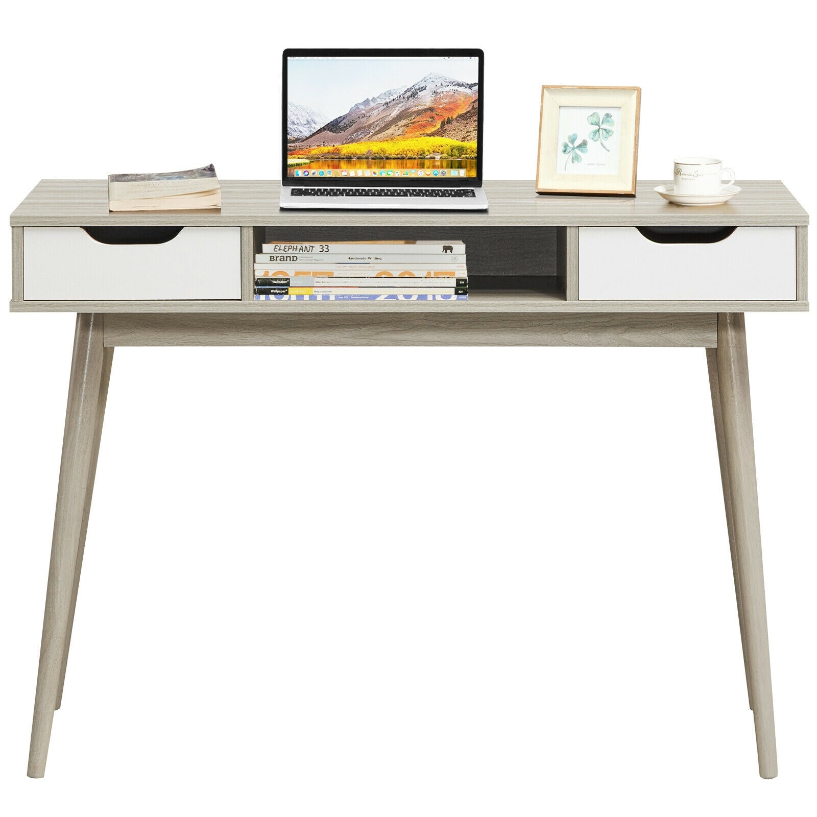 Stylish Computer Desk Workstation with 2 Drawers and Solid Wood Legs-OakÂ