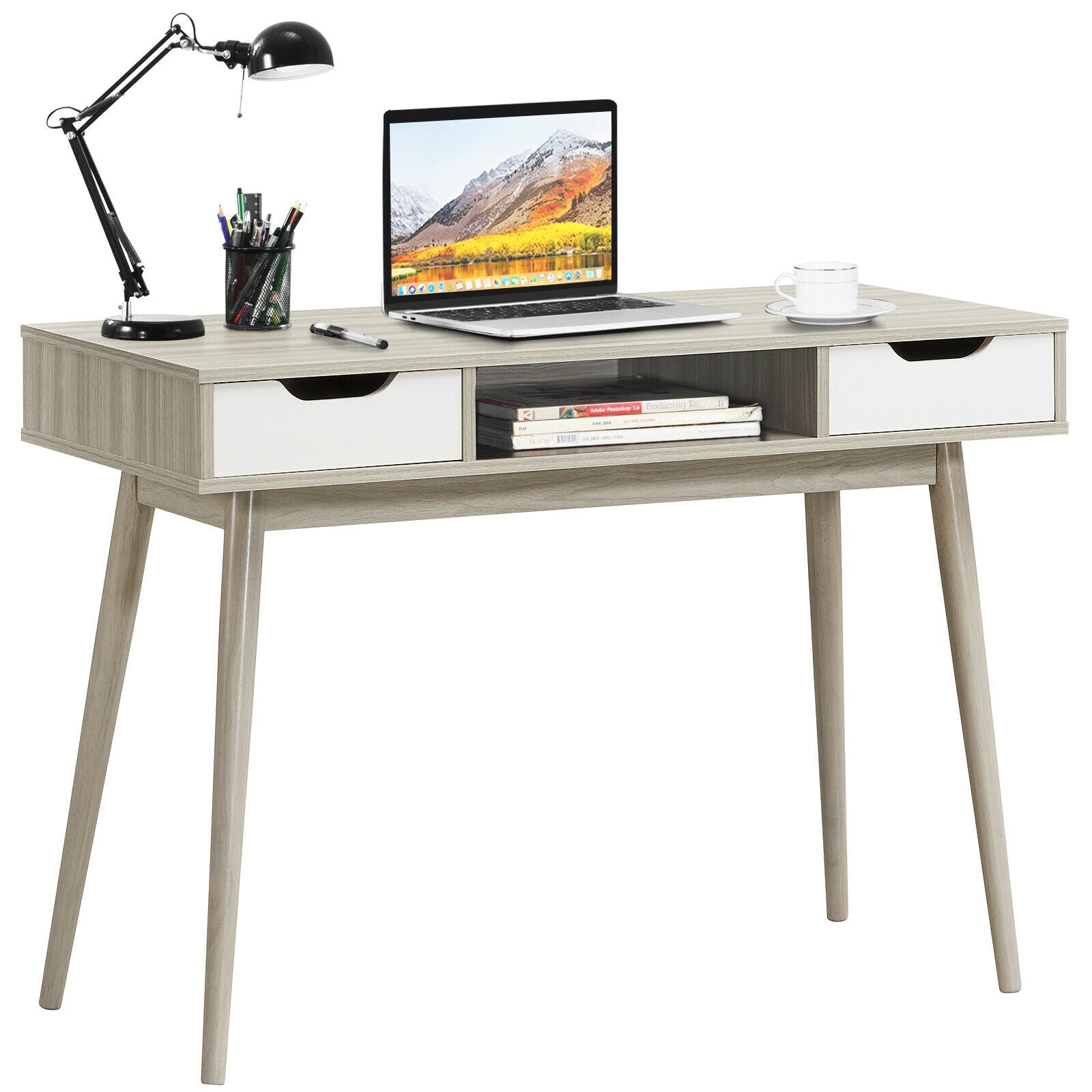 Stylish Computer Desk Workstation with 2 Drawers and Solid Wood Legs-OakÂ
