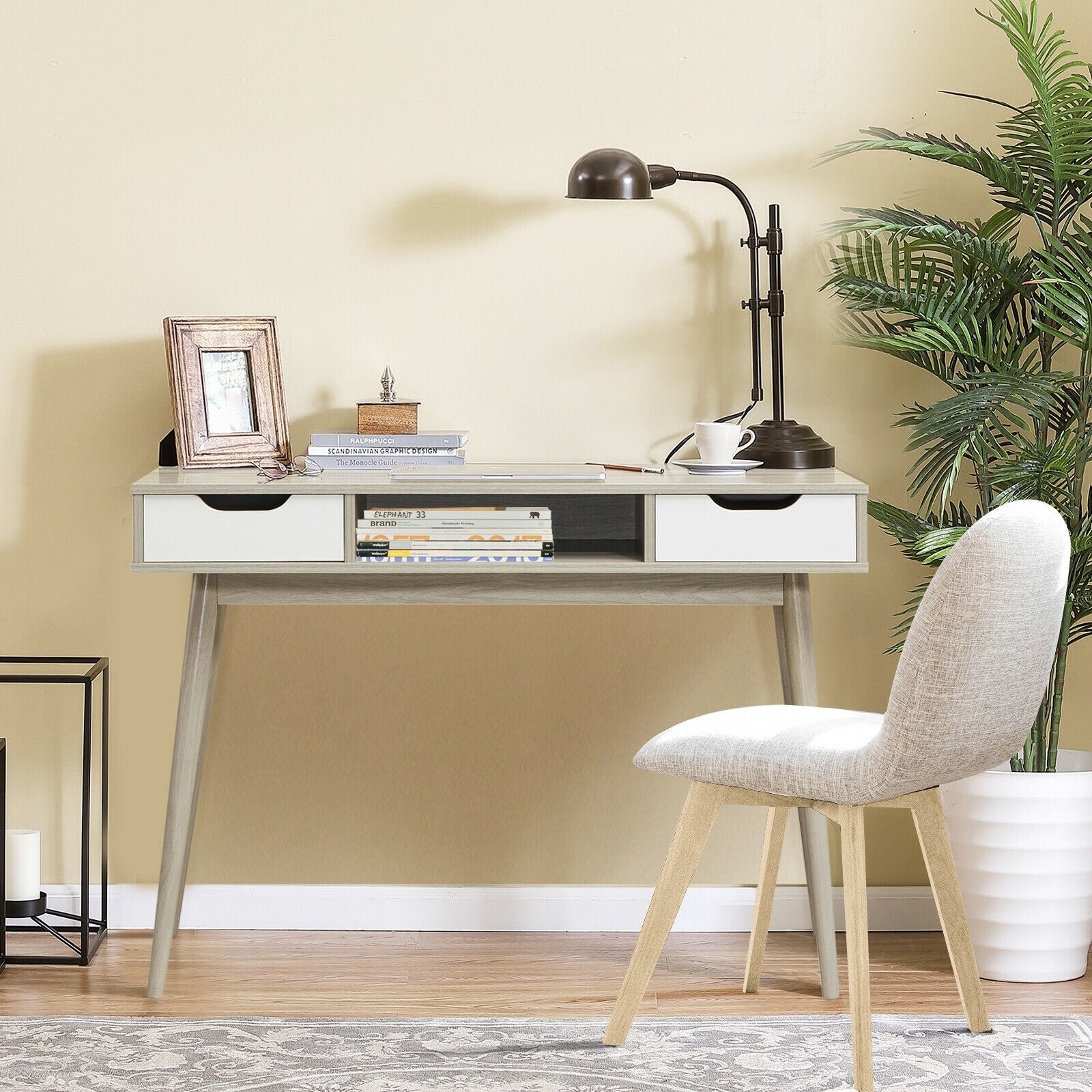 Stylish Computer Desk Workstation with 2 Drawers and Solid Wood Legs-OakÂ