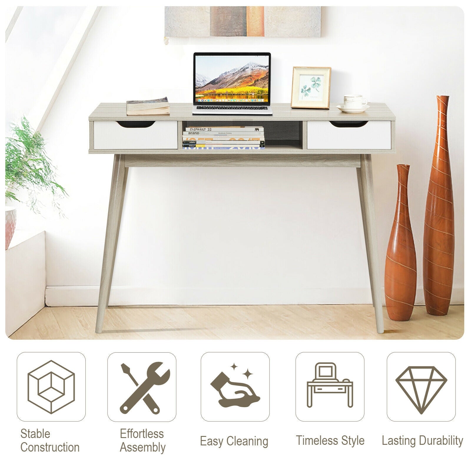 Stylish Computer Desk Workstation with 2 Drawers and Solid Wood Legs-OakÂ