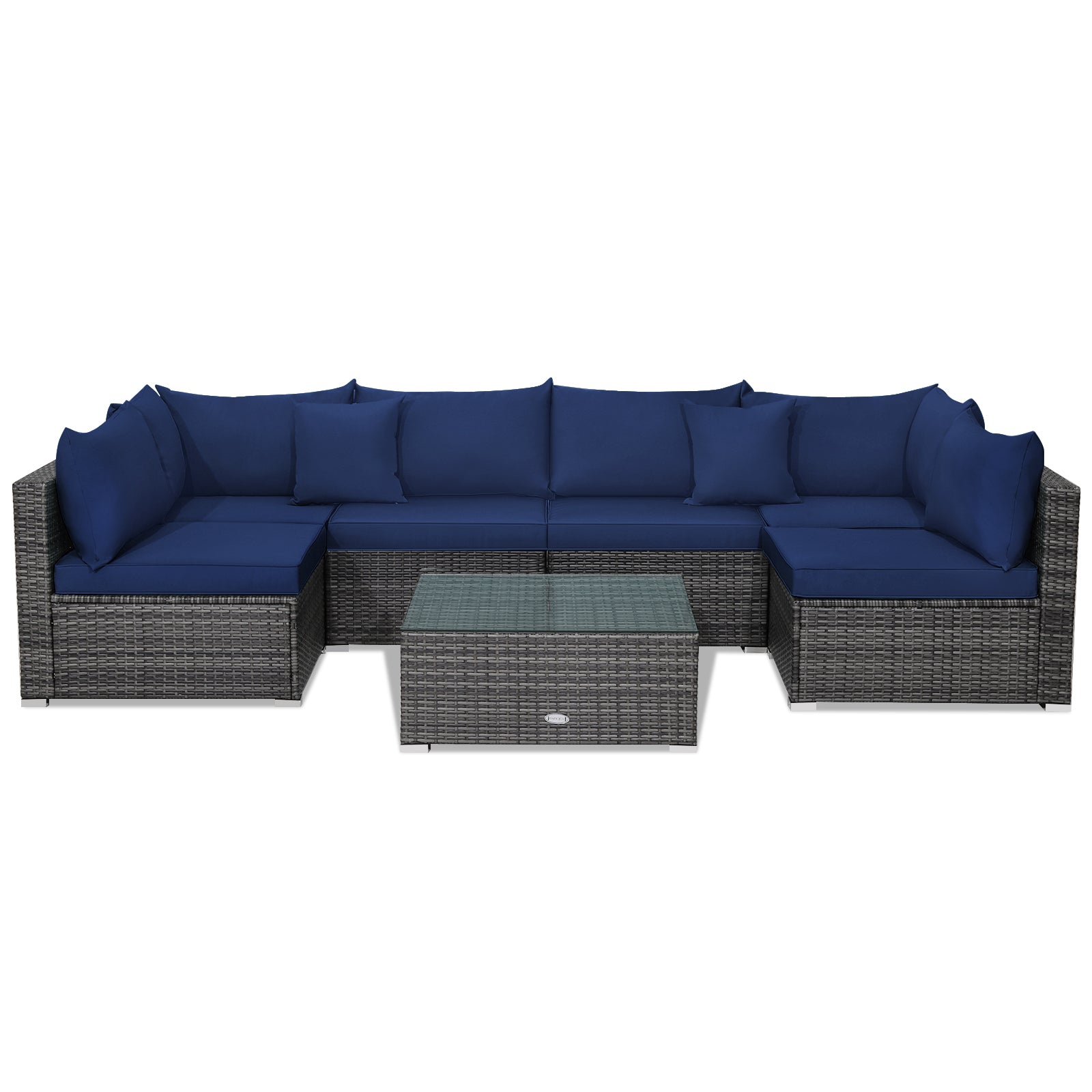 7 Pieces Patio Rattan Furniture Set Sectional Sofa Garden Cushion-NavyÂ