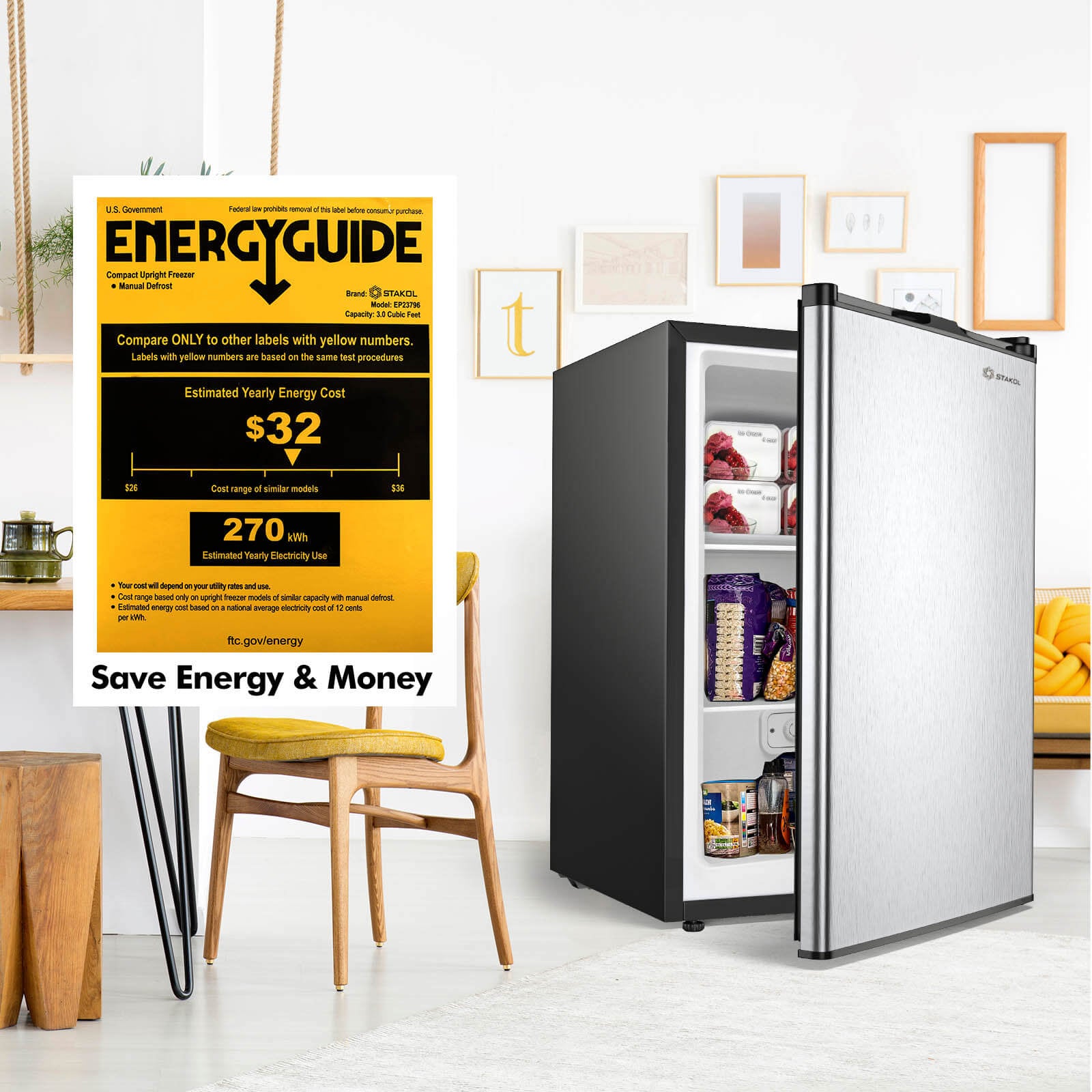 3 Cubic Feet Compact Upright Freezer with Stainless Steel DoorÂ
