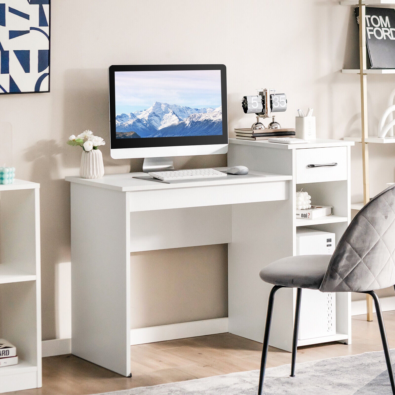 Computer Desk PC Laptop Table with Drawer and Shelf-WhiteÂ