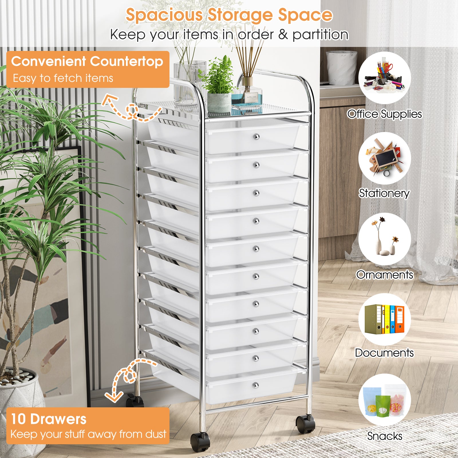 10 Drawer Rolling Storage Cart Organizer with 4 Universal Casters-TransparentÂ