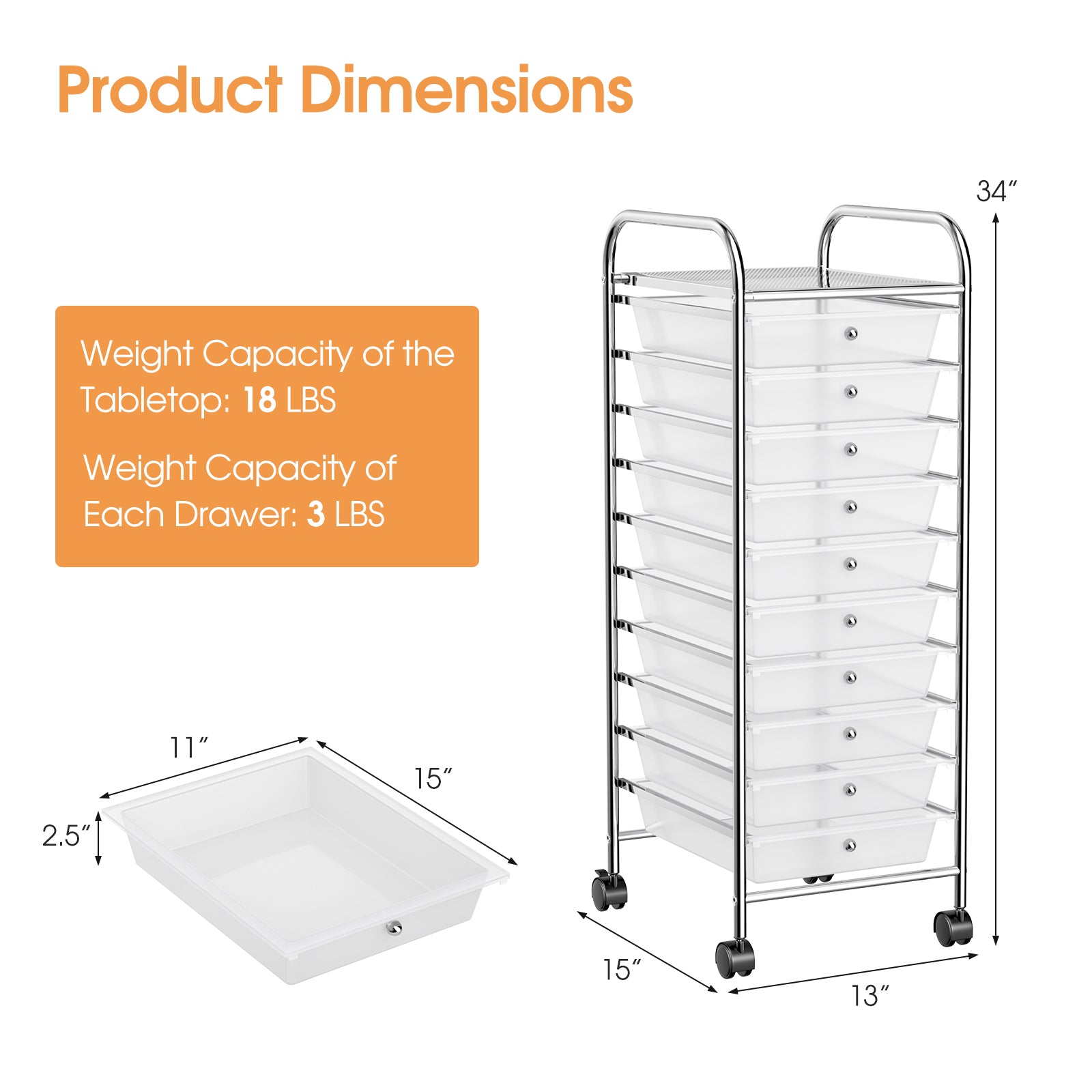 10 Drawer Rolling Storage Cart Organizer with 4 Universal Casters-TransparentÂ