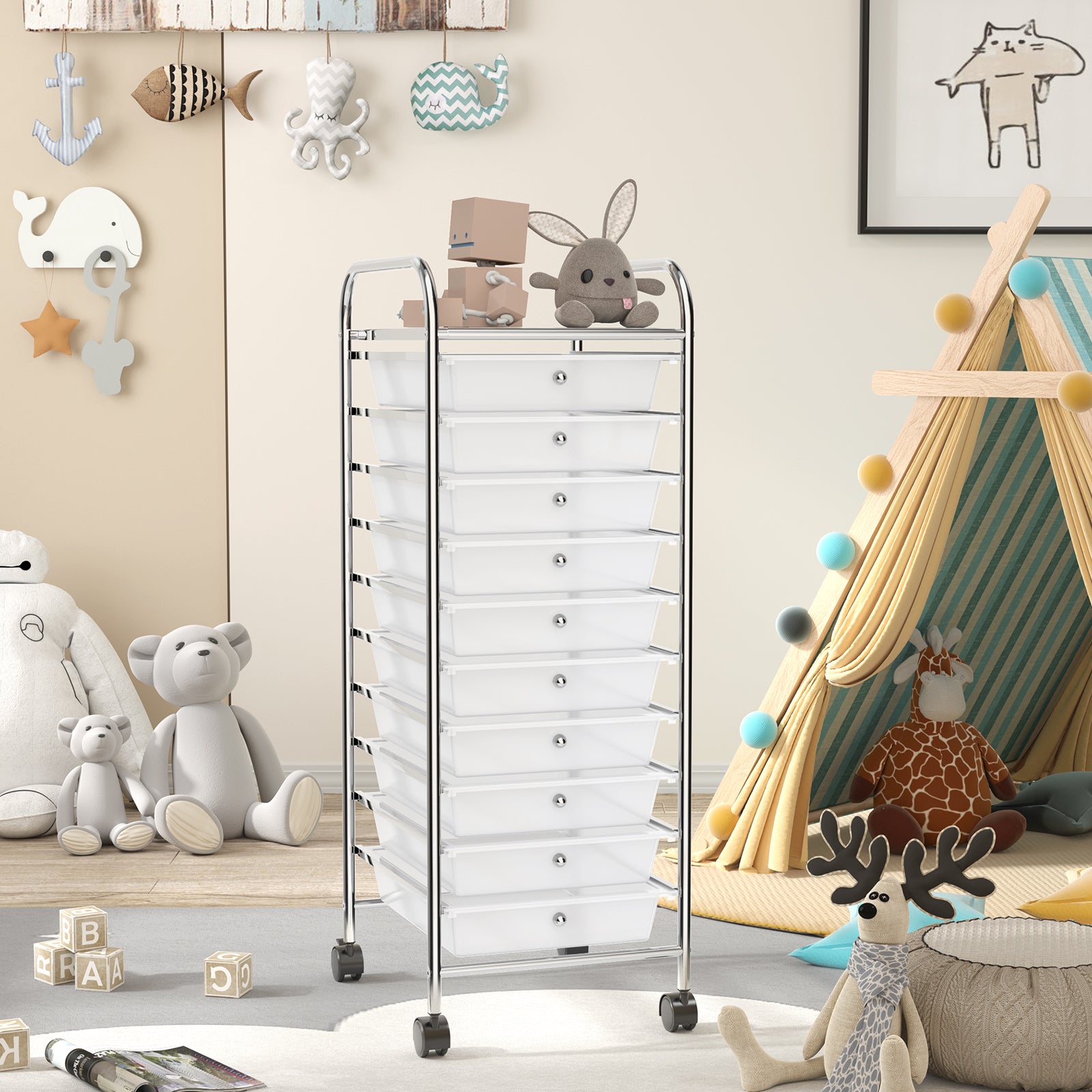10 Drawer Rolling Storage Cart Organizer with 4 Universal Casters-TransparentÂ