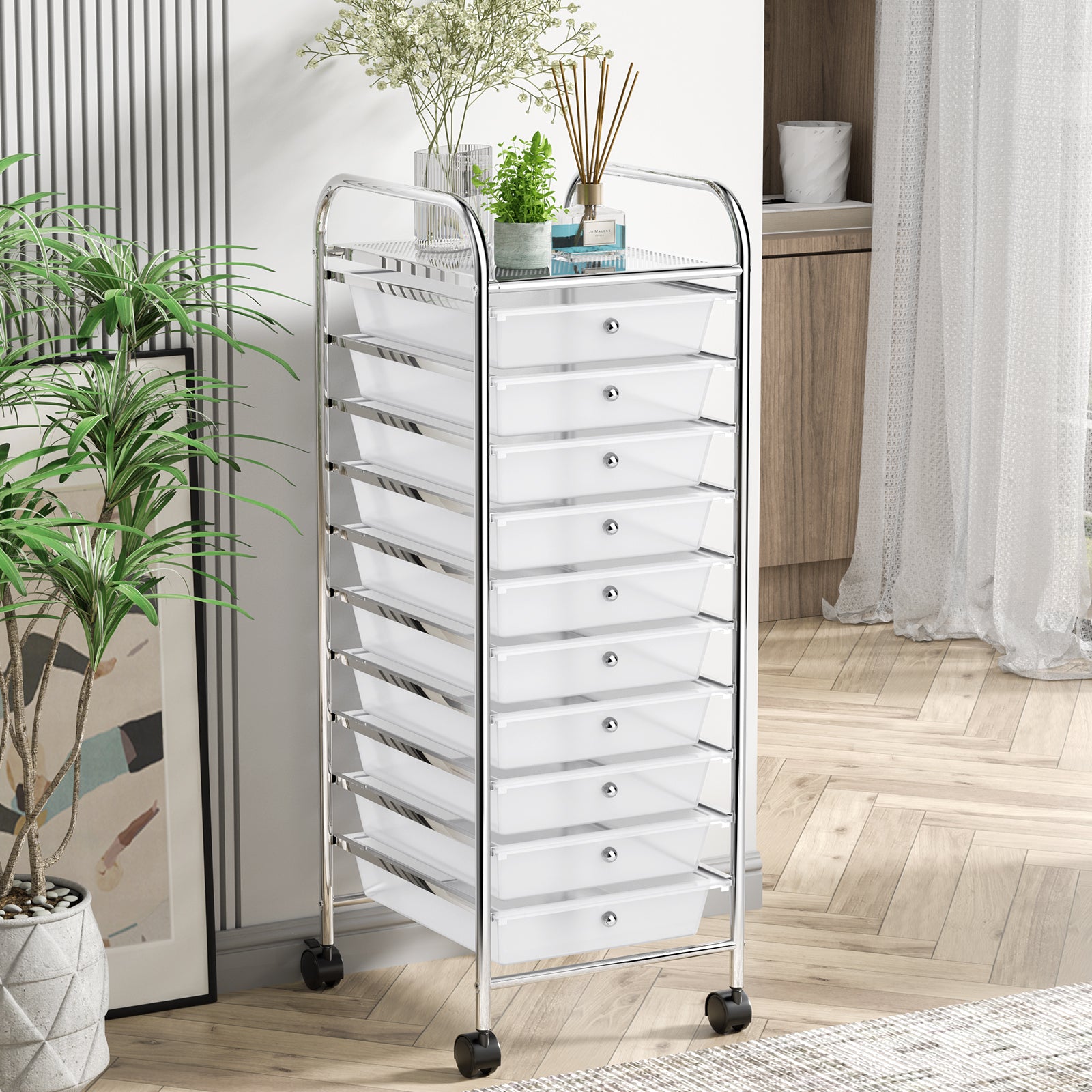 10 Drawer Rolling Storage Cart Organizer with 4 Universal Casters-TransparentÂ