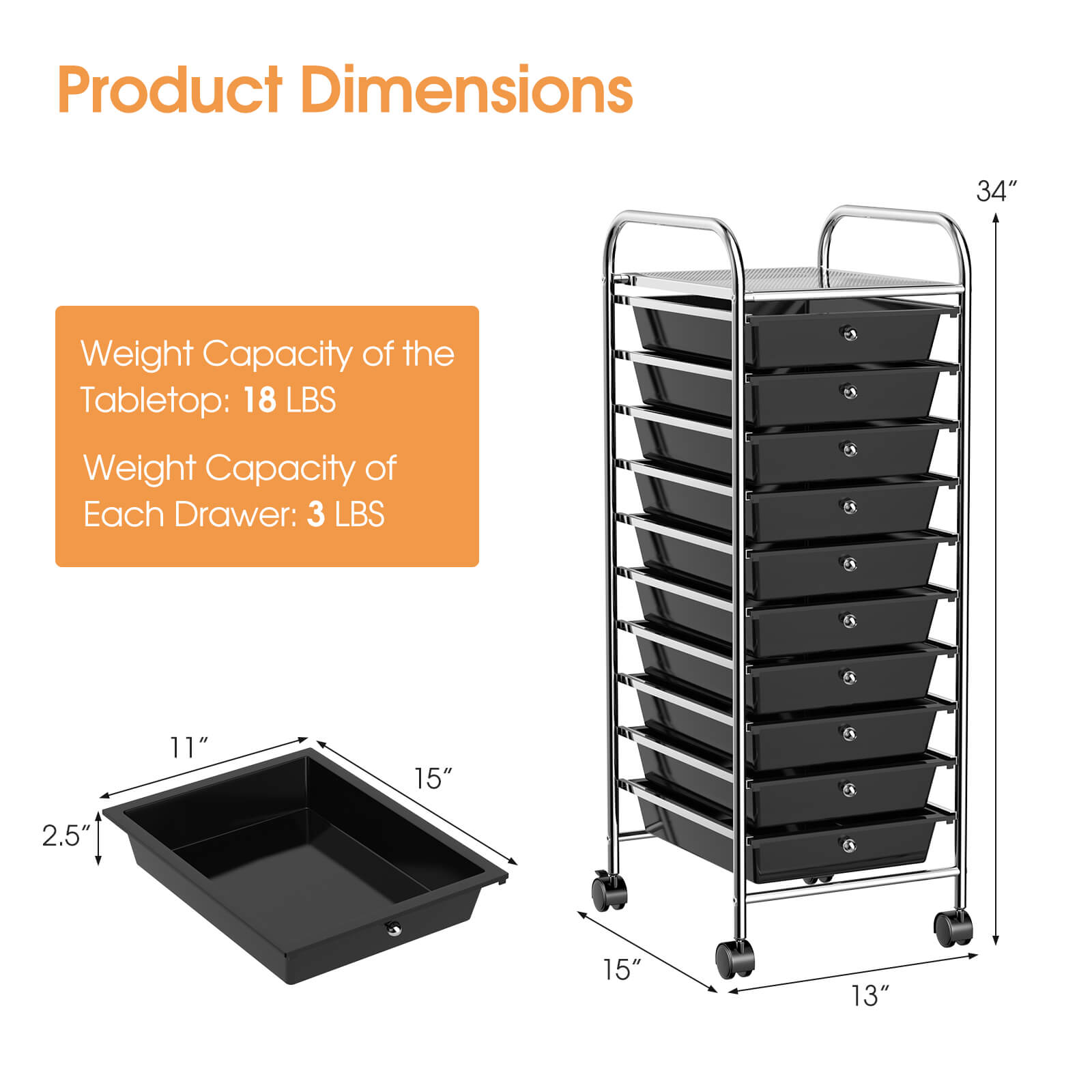 10 Drawer Rolling Storage Cart Organizer with 4 Universal Casters-BlackÂ