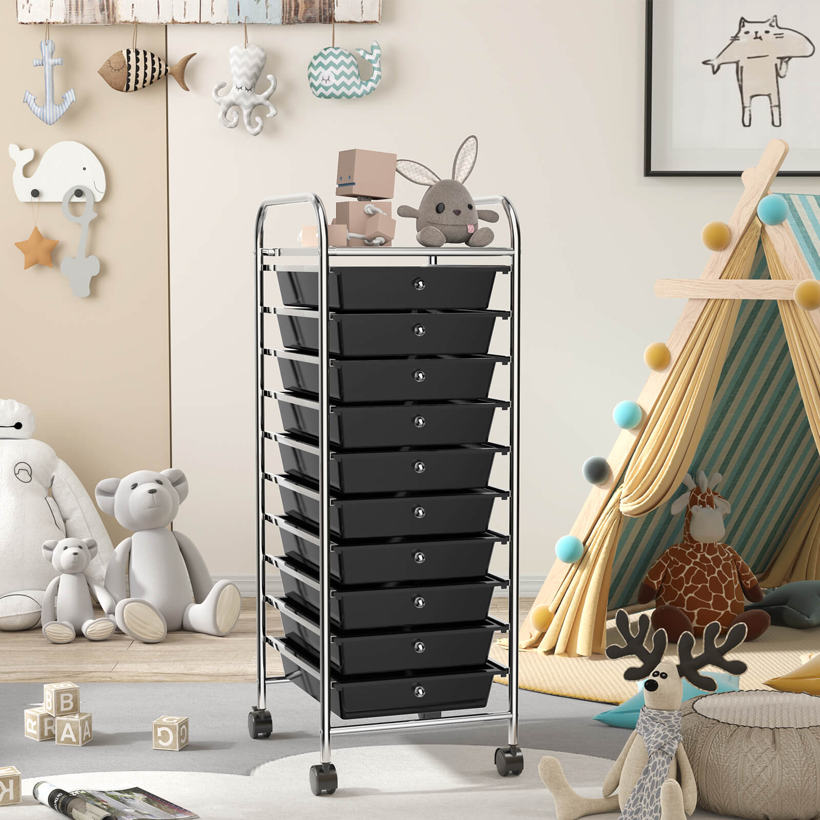 10 Drawer Rolling Storage Cart Organizer with 4 Universal Casters-BlackÂ