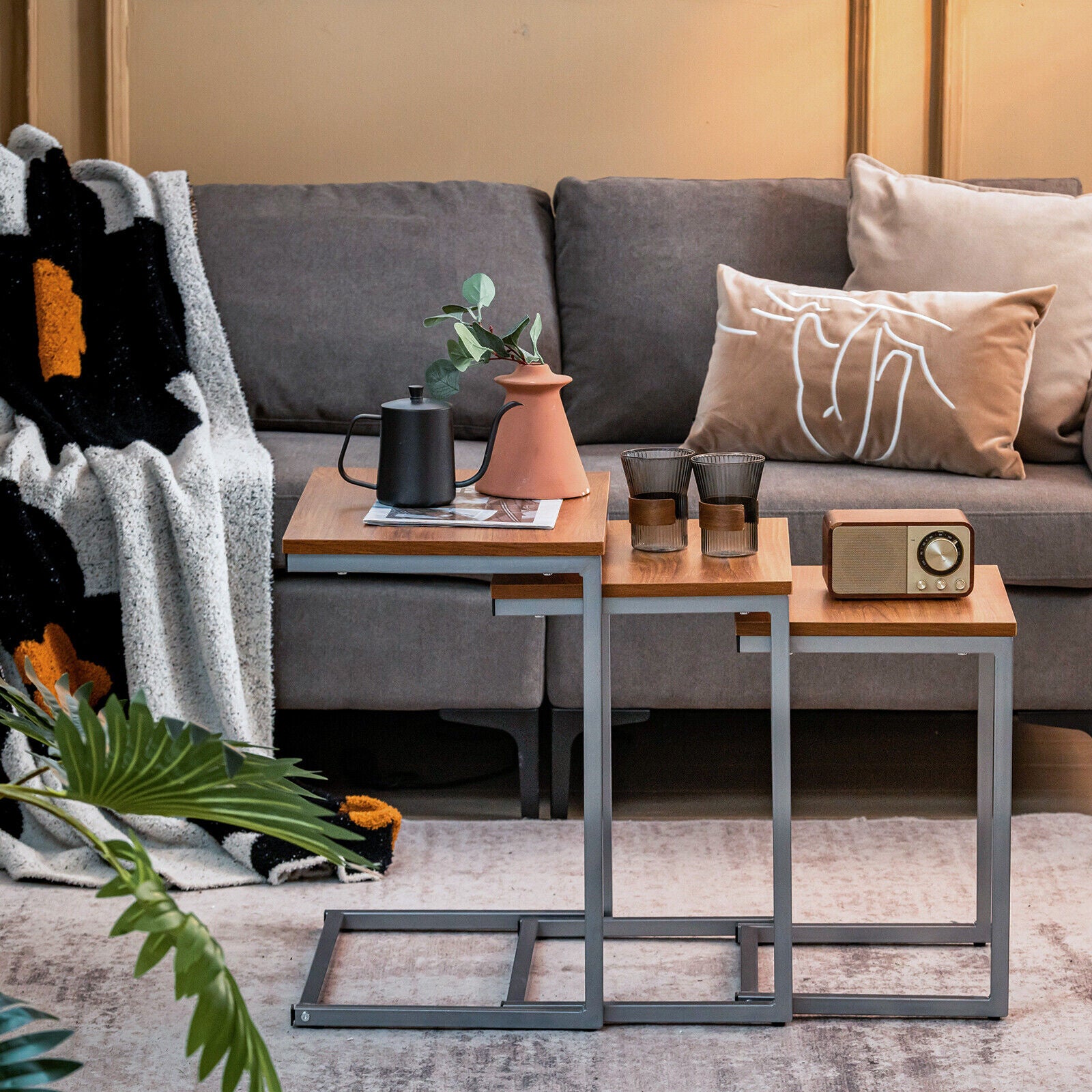 3 Pieces Multifunctional Coffee End Table Set-BrownÂ