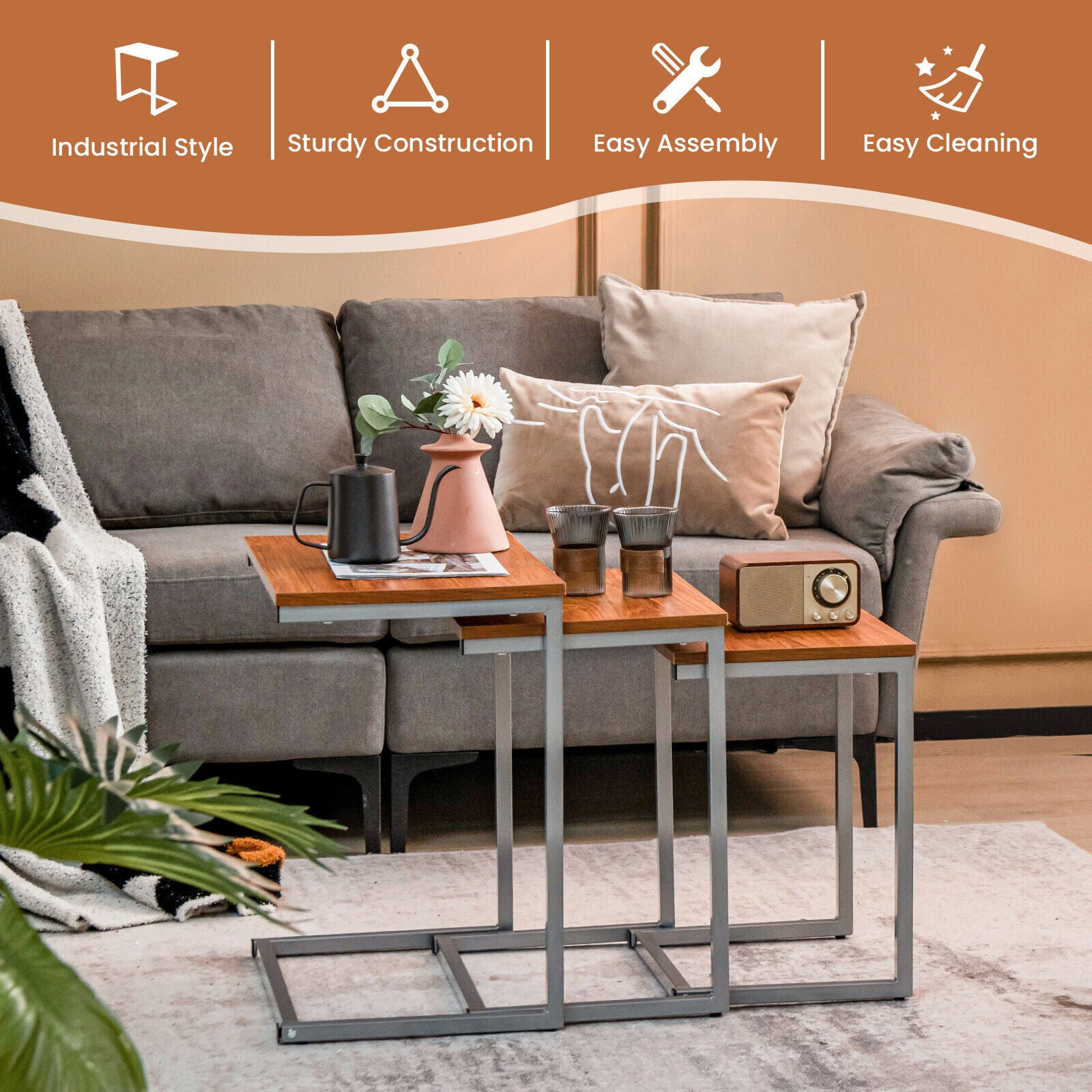 3 Pieces Multifunctional Coffee End Table Set-BrownÂ