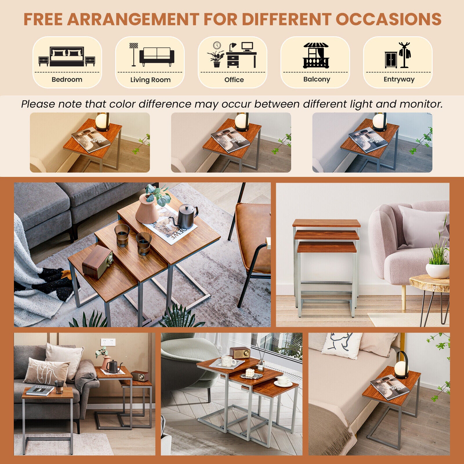 3 Pieces Multifunctional Coffee End Table Set-BrownÂ