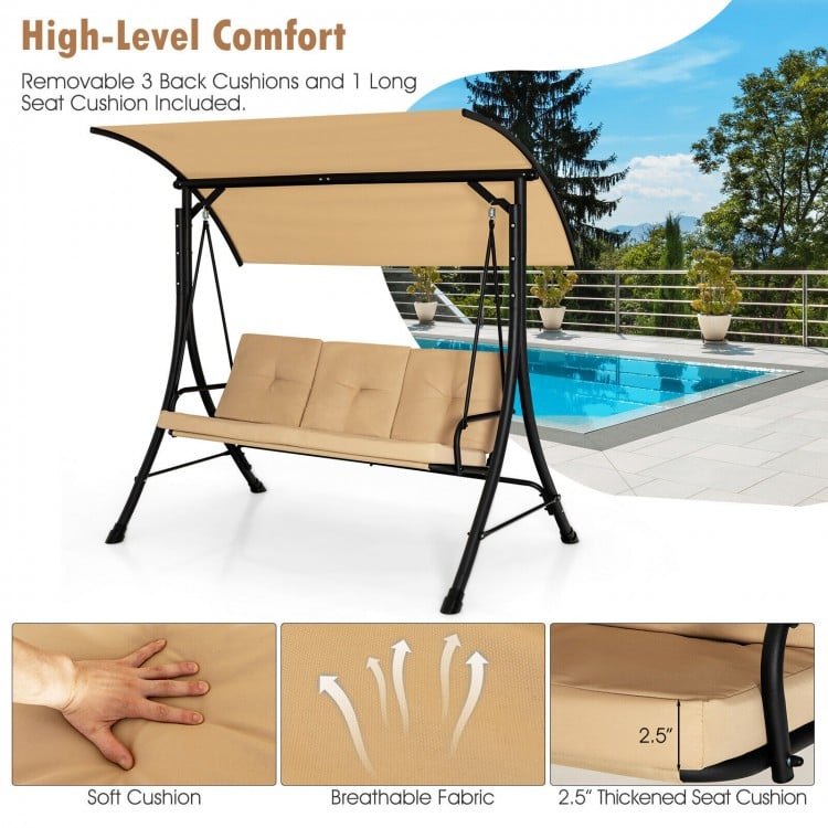 3-Seat Outdoor Porch Swing with Adjustable Canopy and Padded Cushions-Beige