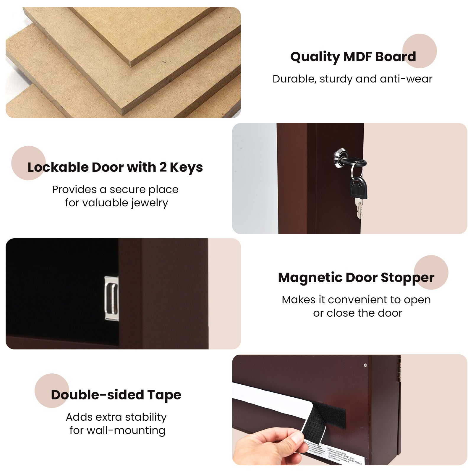 Lockable Wall Mount Mirrored Jewelry Cabinet with LED Lights-BrownÂ