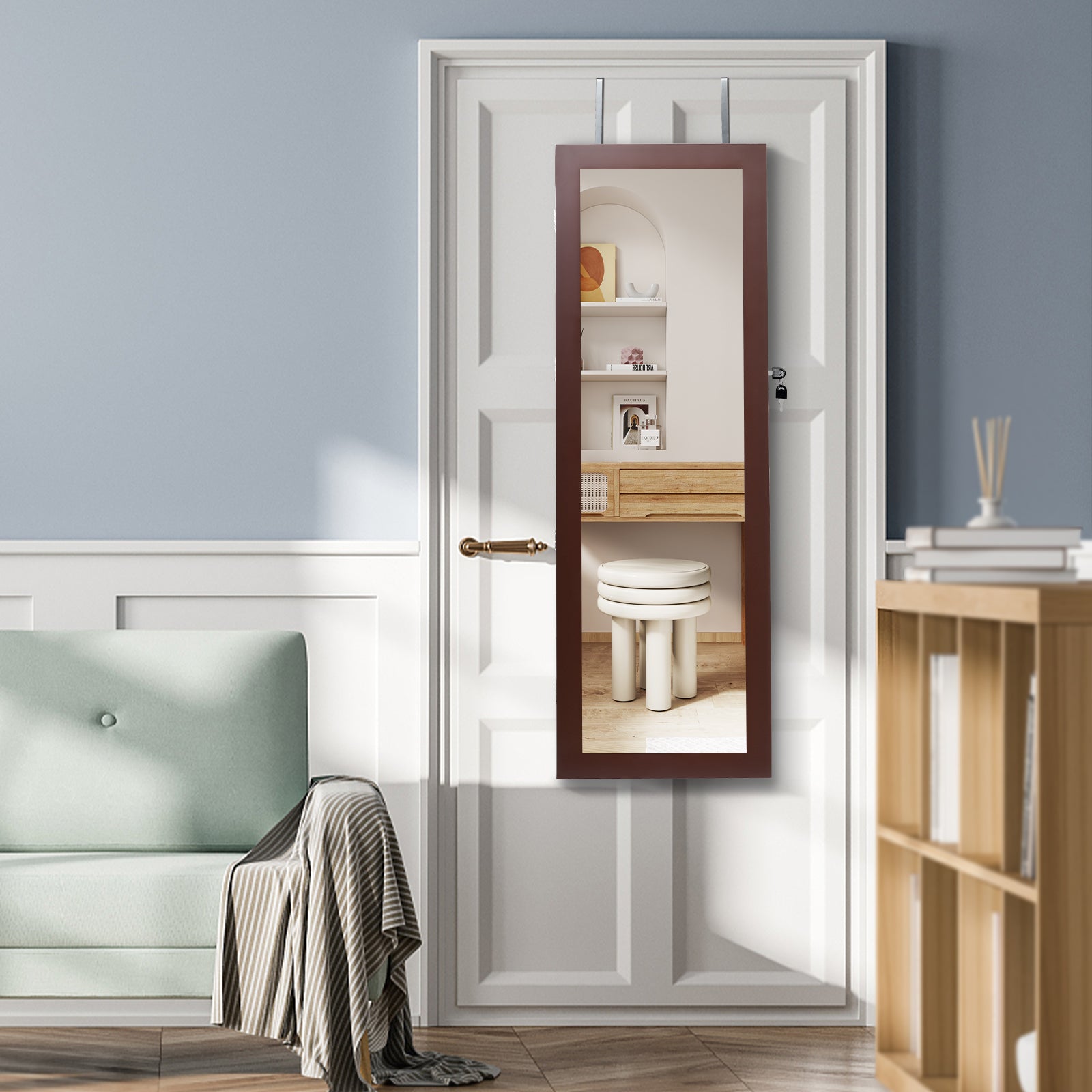 Lockable Wall Mount Mirrored Jewelry Cabinet with LED Lights-BrownÂ