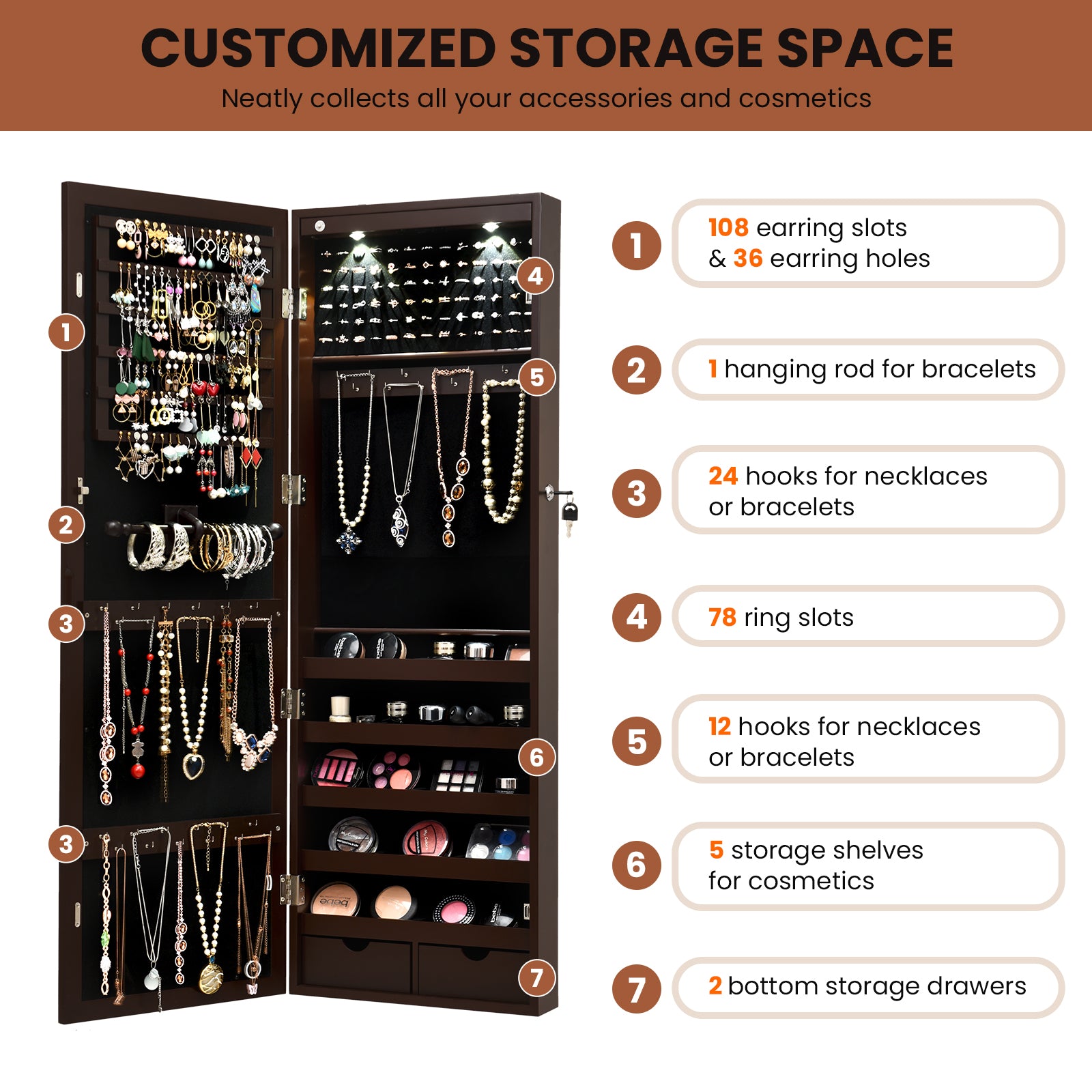 Lockable Wall Mount Mirrored Jewelry Cabinet with LED Lights-BrownÂ