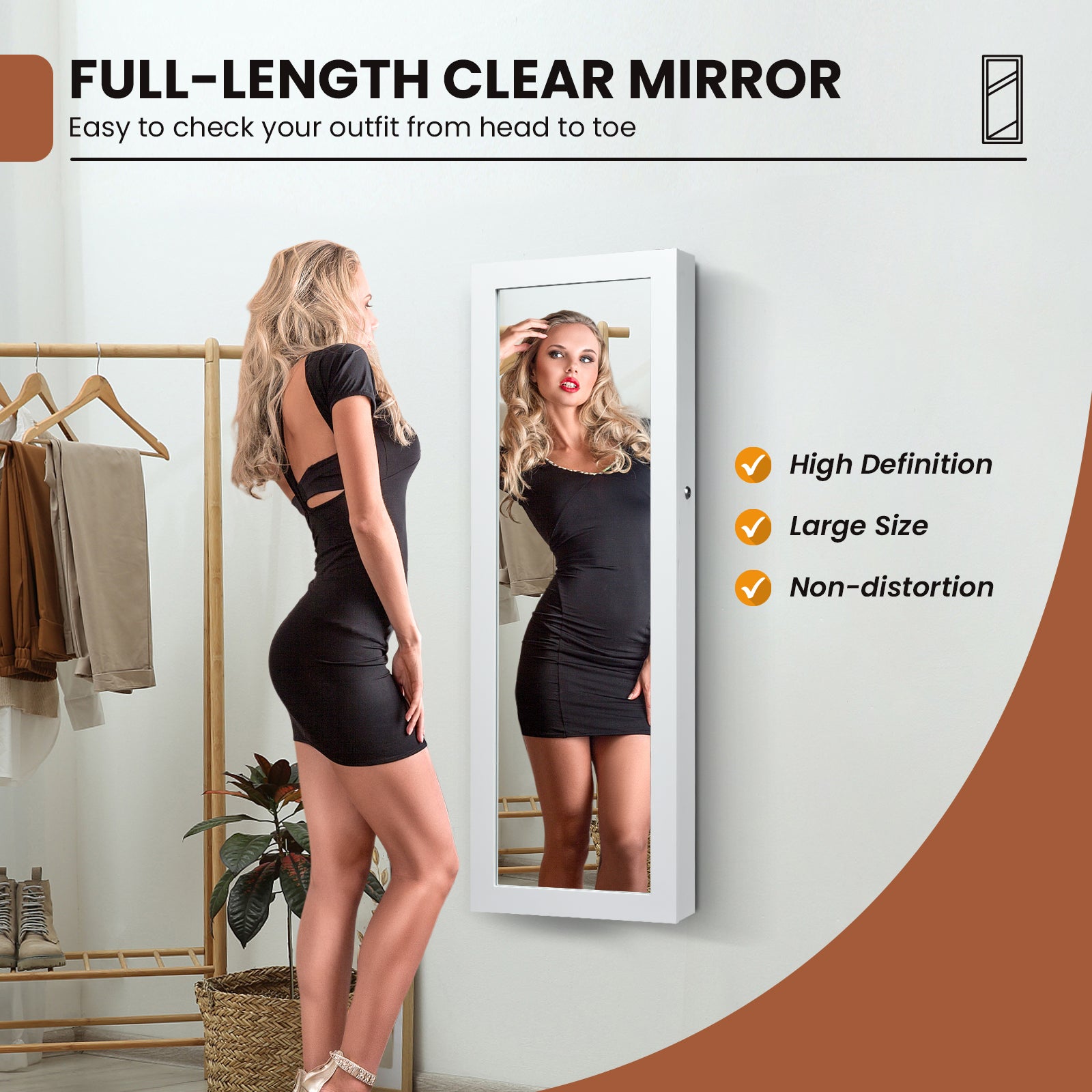 Lockable Wall Mount Mirrored Jewelry Cabinet with LED Lights-WhiteÂ