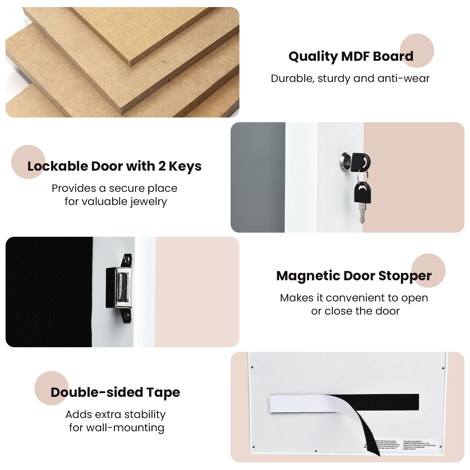 Lockable Wall Mount Mirrored Jewelry Cabinet with LED Lights-WhiteÂ