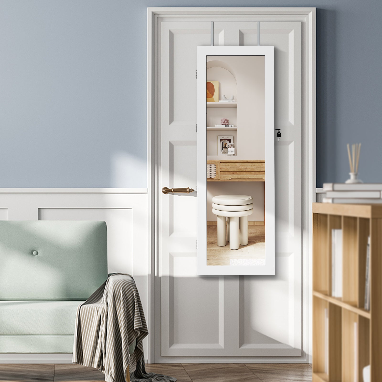 Lockable Wall Mount Mirrored Jewelry Cabinet with LED Lights-WhiteÂ