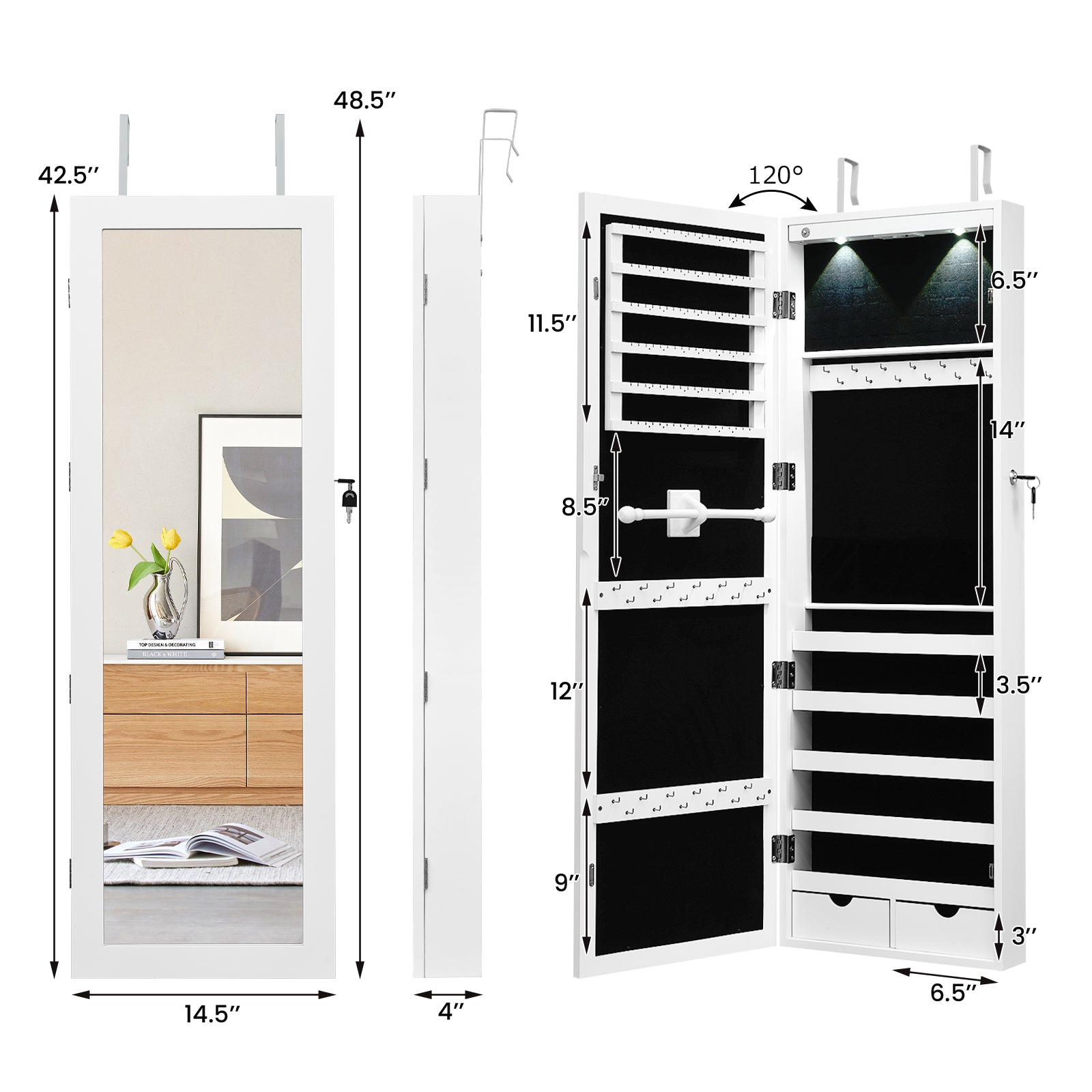 Lockable Wall Mount Mirrored Jewelry Cabinet with LED Lights-WhiteÂ