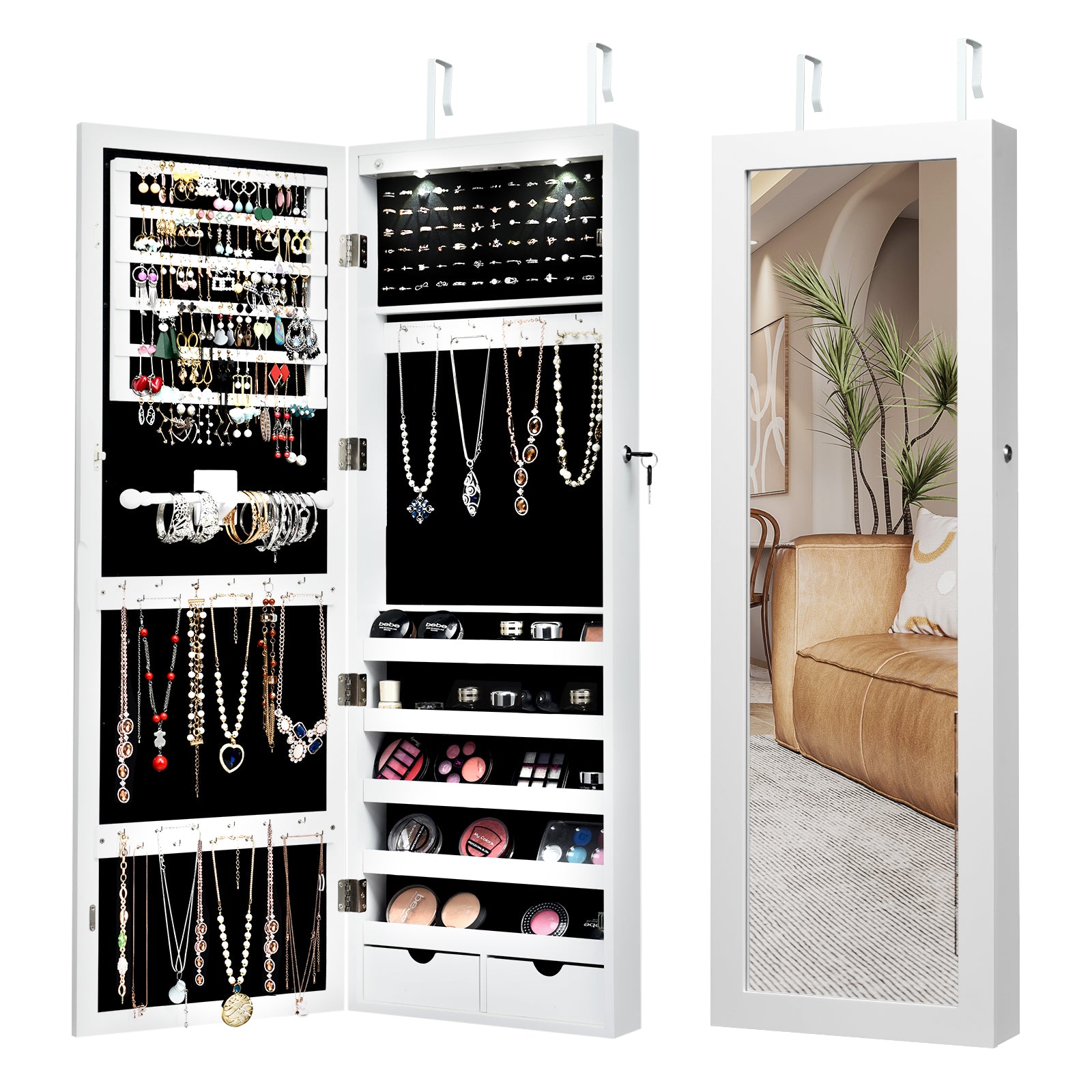 Lockable Wall Mount Mirrored Jewelry Cabinet with LED Lights-WhiteÂ