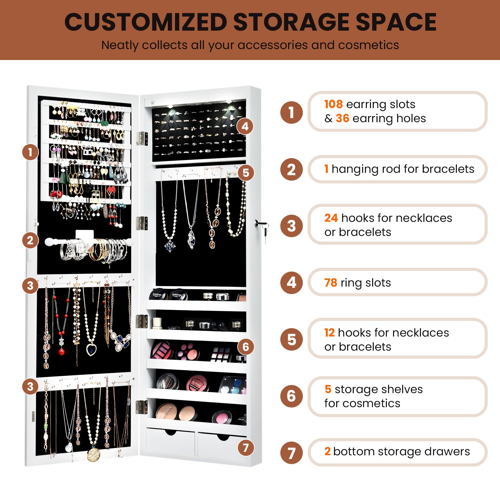 Lockable Wall Mount Mirrored Jewelry Cabinet with LED Lights-WhiteÂ