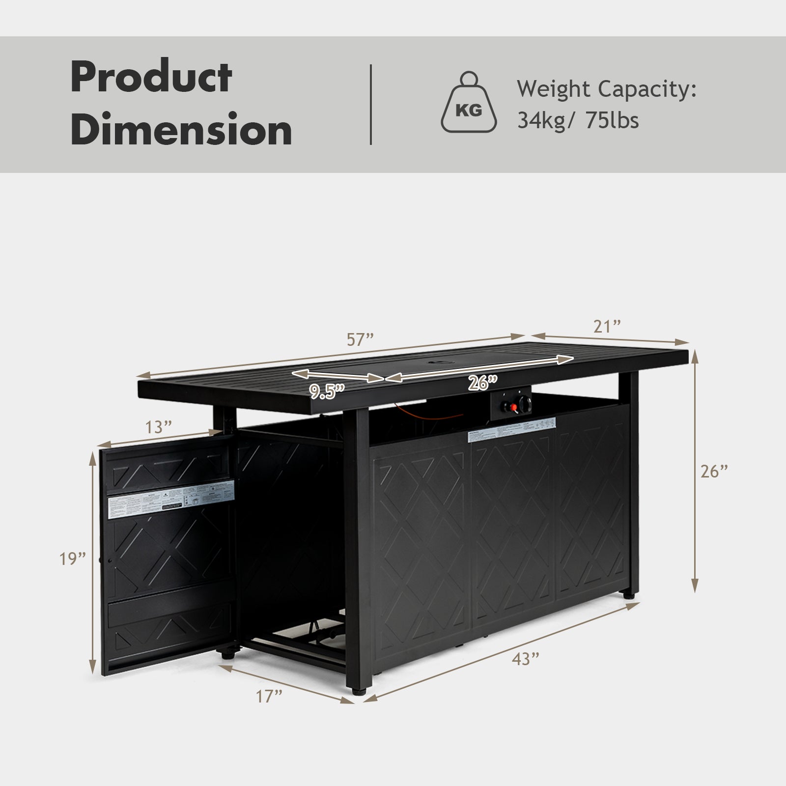 57 Inch 50000 Btu Rectangular Propane Outdoor Fire Pit Table-Black