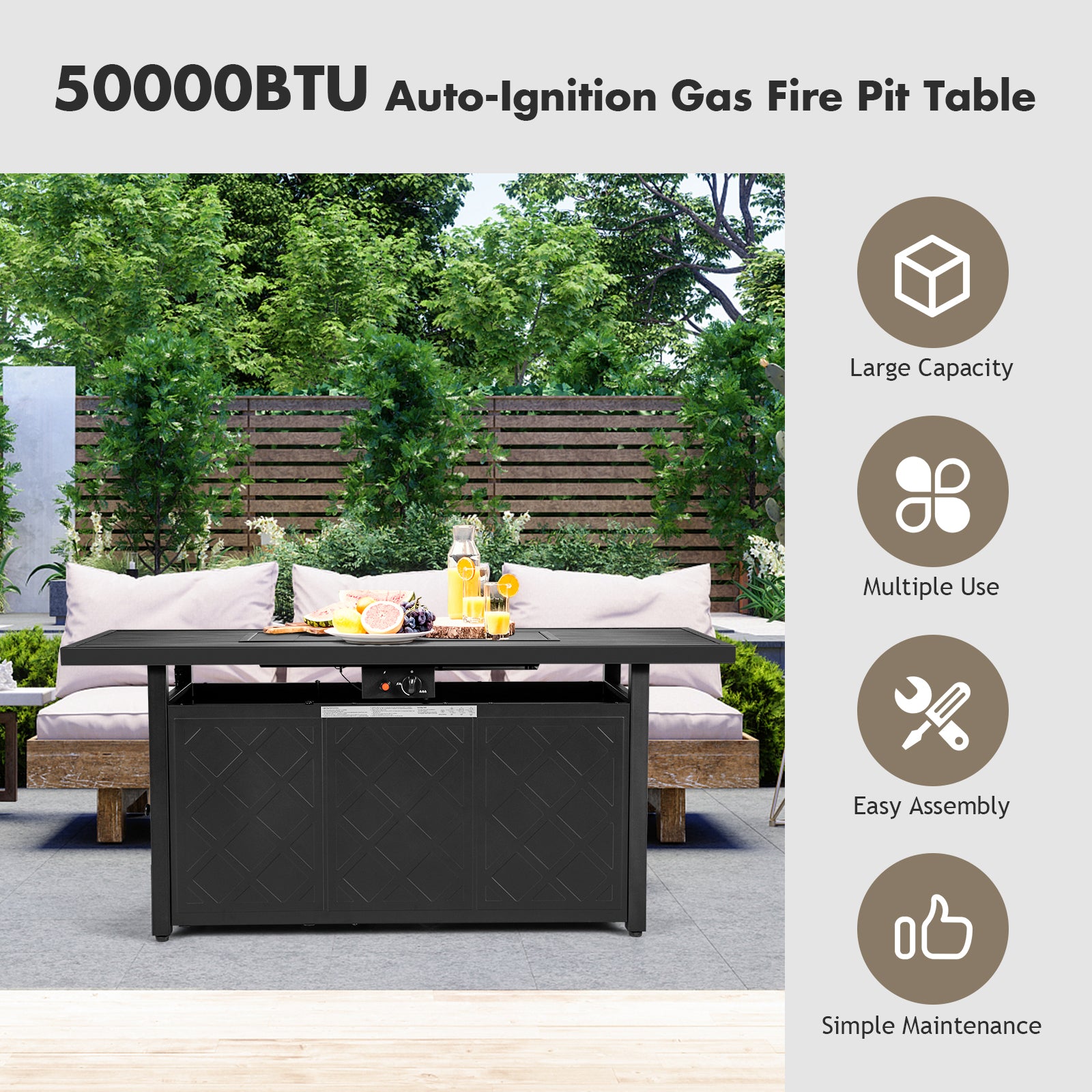 57 Inch 50000 Btu Rectangular Propane Outdoor Fire Pit Table-Black