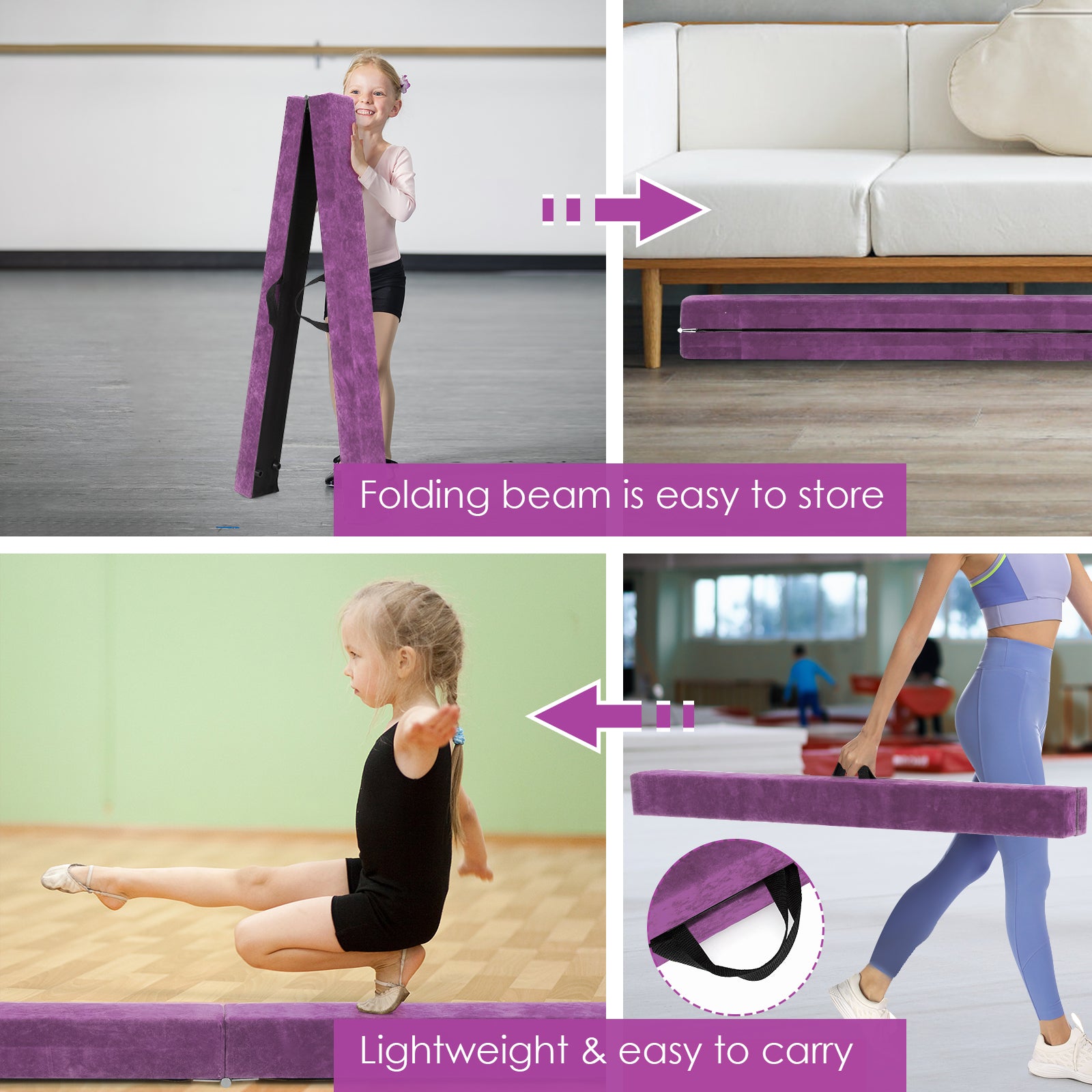 7 Feet Folding Portable Floor Balance Beam with Handles for Gymnasts-Purple