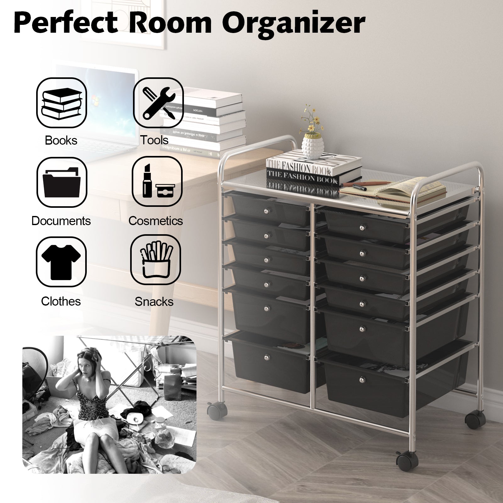 12 Storage Drawer Organizer Bins Rolling Cart-BlackÂ