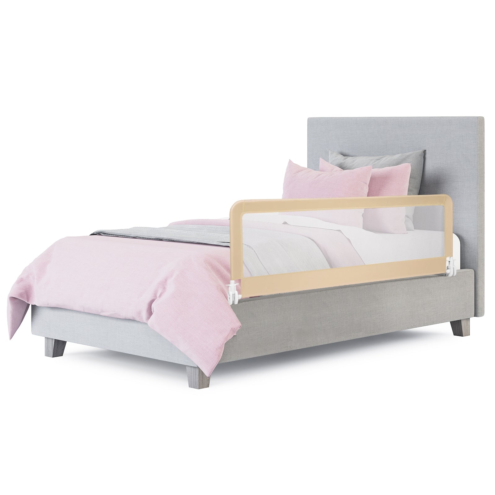 59 Inch Extra Long Folding Breathable Baby Children Toddlers Bed Rail Guard with Safety Strap-Beige