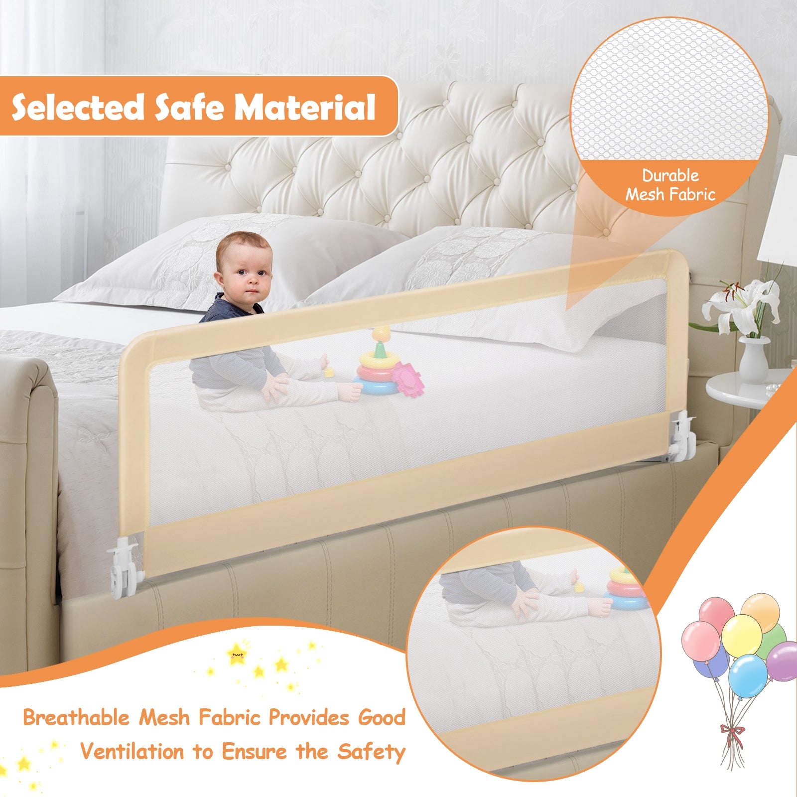 59 Inch Extra Long Folding Breathable Baby Children Toddlers Bed Rail Guard with Safety Strap-Beige