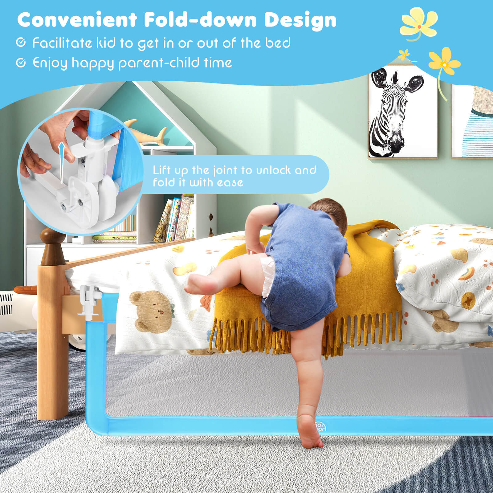 59 Inch Extra Long Folding Breathable Baby Children Toddlers Bed Rail Guard with Safety Strap-BlueÂ