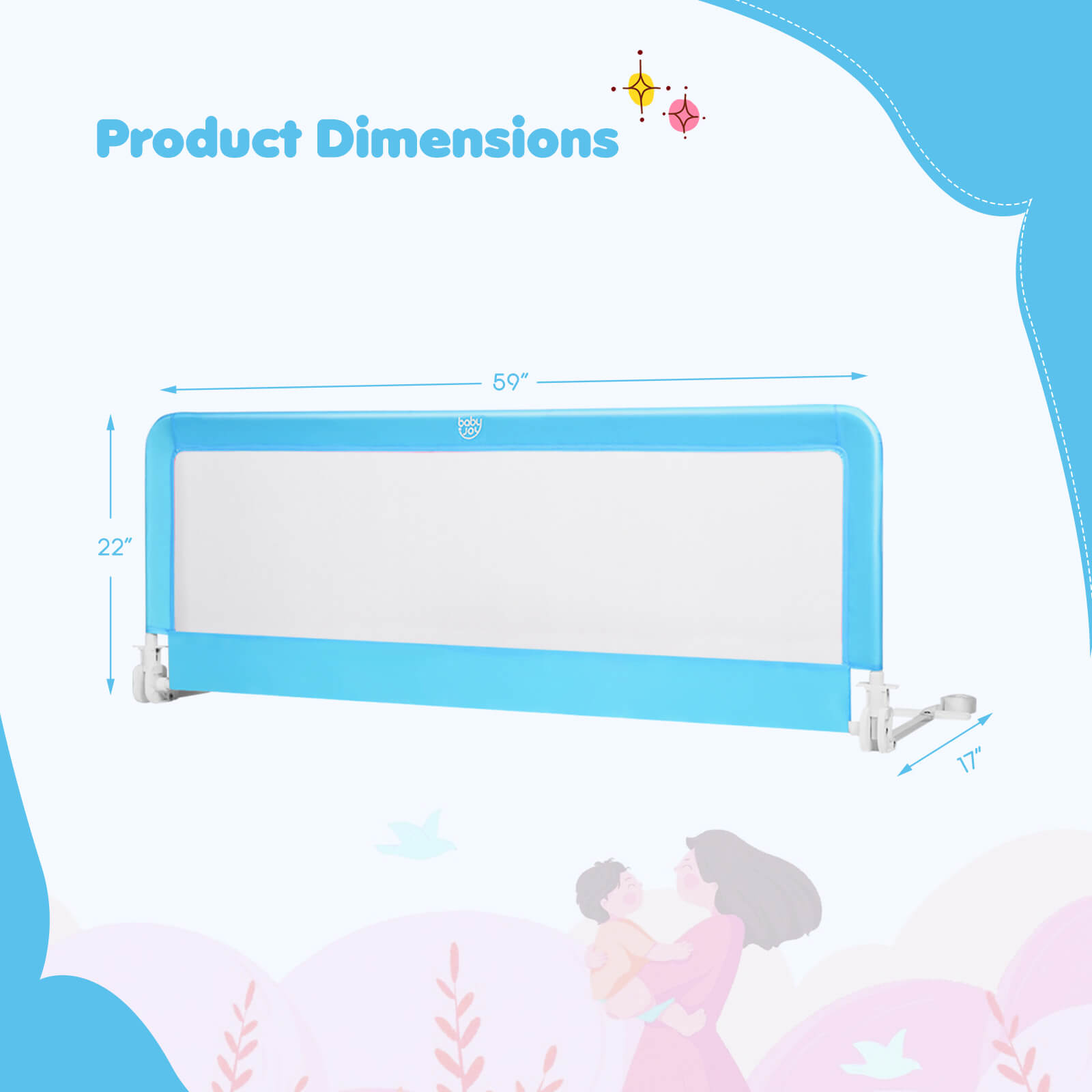59 Inch Extra Long Folding Breathable Baby Children Toddlers Bed Rail Guard with Safety Strap-BlueÂ