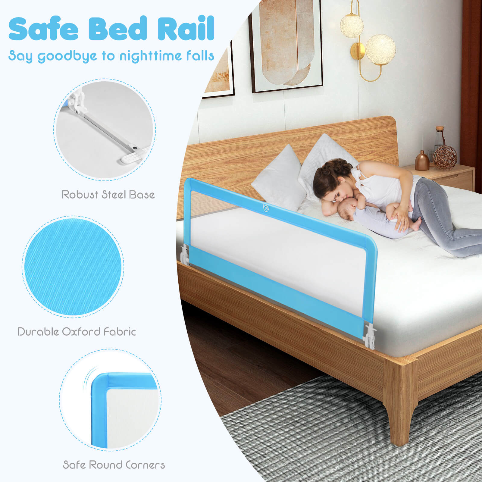 59 Inch Extra Long Folding Breathable Baby Children Toddlers Bed Rail Guard with Safety Strap-BlueÂ