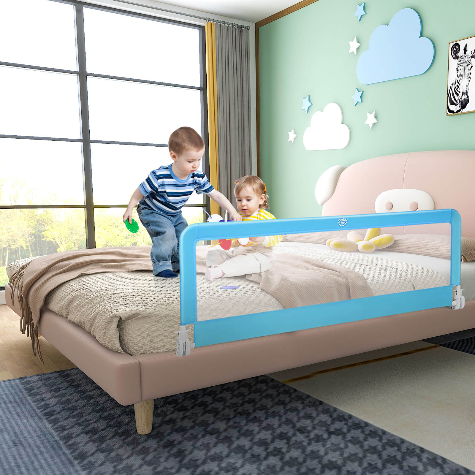 59 Inch Extra Long Folding Breathable Baby Children Toddlers Bed Rail Guard with Safety Strap-BlueÂ
