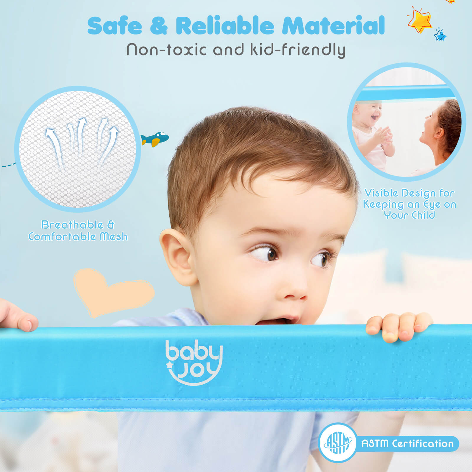 59 Inch Extra Long Folding Breathable Baby Children Toddlers Bed Rail Guard with Safety Strap-BlueÂ