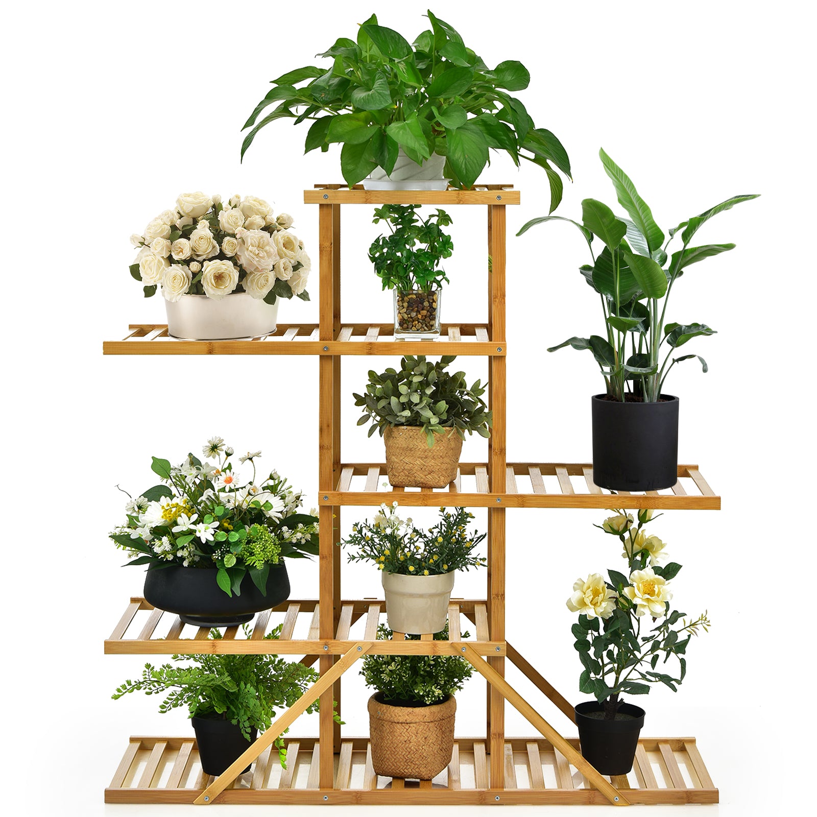 5-tier 10 Potted Bamboo Plant Stand-Natural
