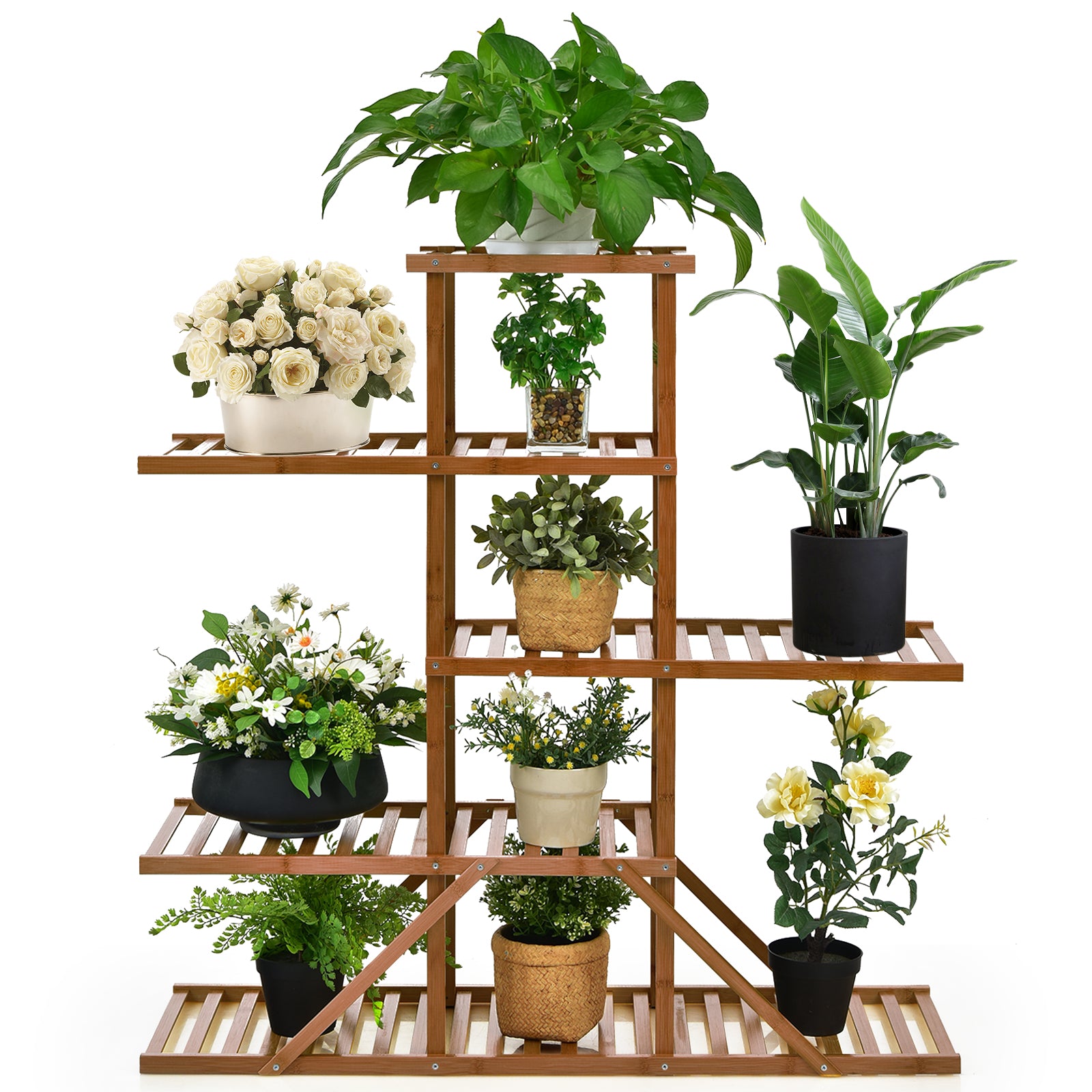 5-tier 10 Potted Bamboo Plant Stand-Brown