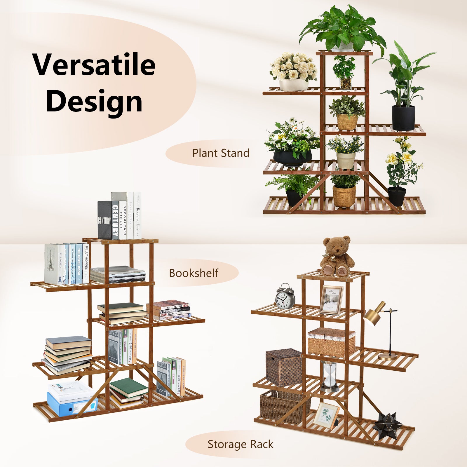 5-tier 10 Potted Bamboo Plant Stand-Brown