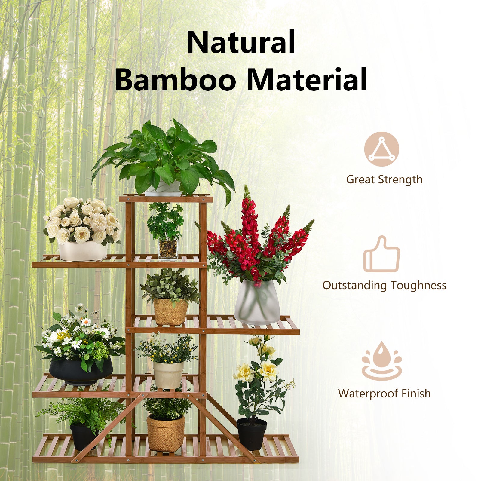 5-tier 10 Potted Bamboo Plant Stand-Brown